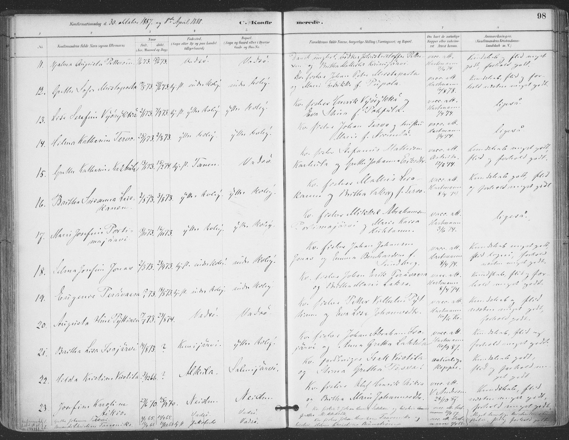 Vadsø sokneprestkontor, SATØ/S-1325/H/Ha/L0006kirke: Parish register (official) no. 6, 1885-1895, p. 98
