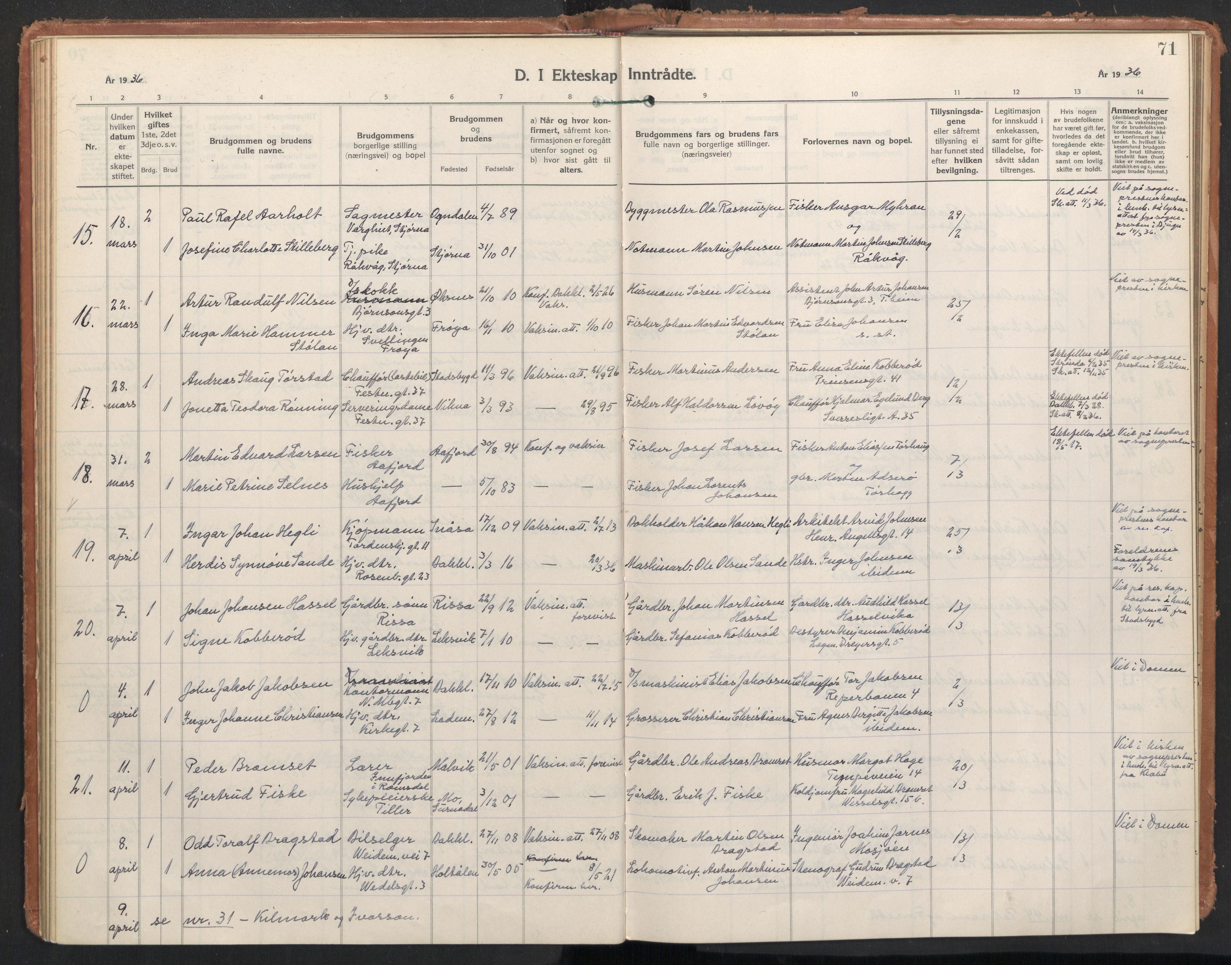 Ministerialprotokoller, klokkerbøker og fødselsregistre - Sør-Trøndelag, AV/SAT-A-1456/604/L0209: Parish register (official) no. 604A29, 1931-1945, p. 71