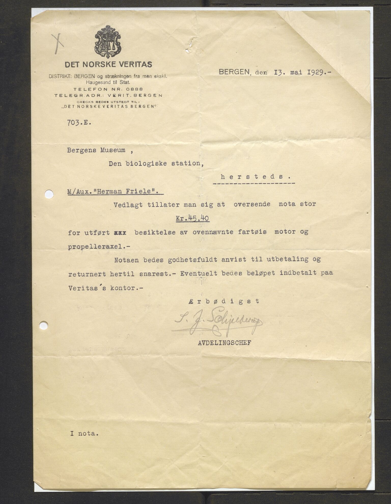Bergens Museum, AV/SAB-A-17301/13/D/L0002: Korrespondanse , 1928-1940, p. 280