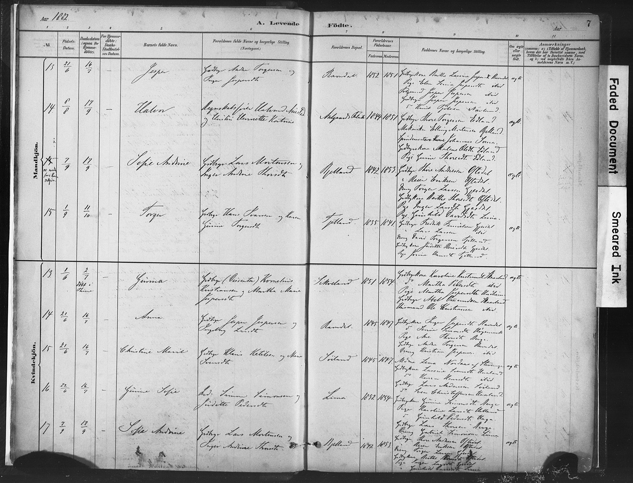 Lye sokneprestkontor, AV/SAST-A-101794/001/30BA/L0010: Parish register (official) no. A 10, 1881-1896, p. 7