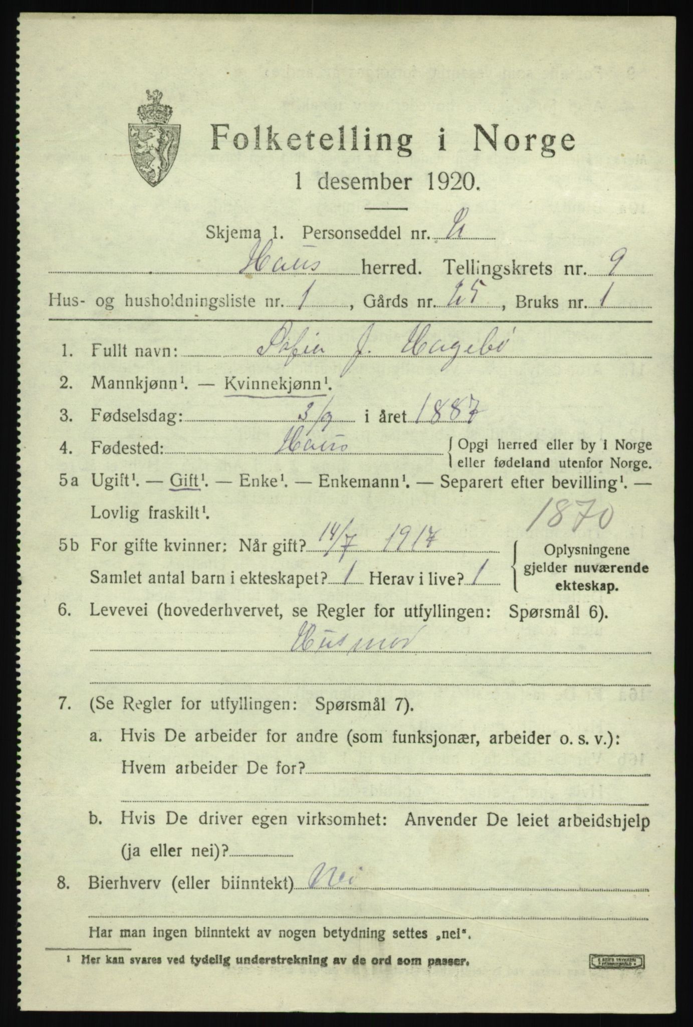 SAB, 1920 census for Haus, 1920, p. 5463