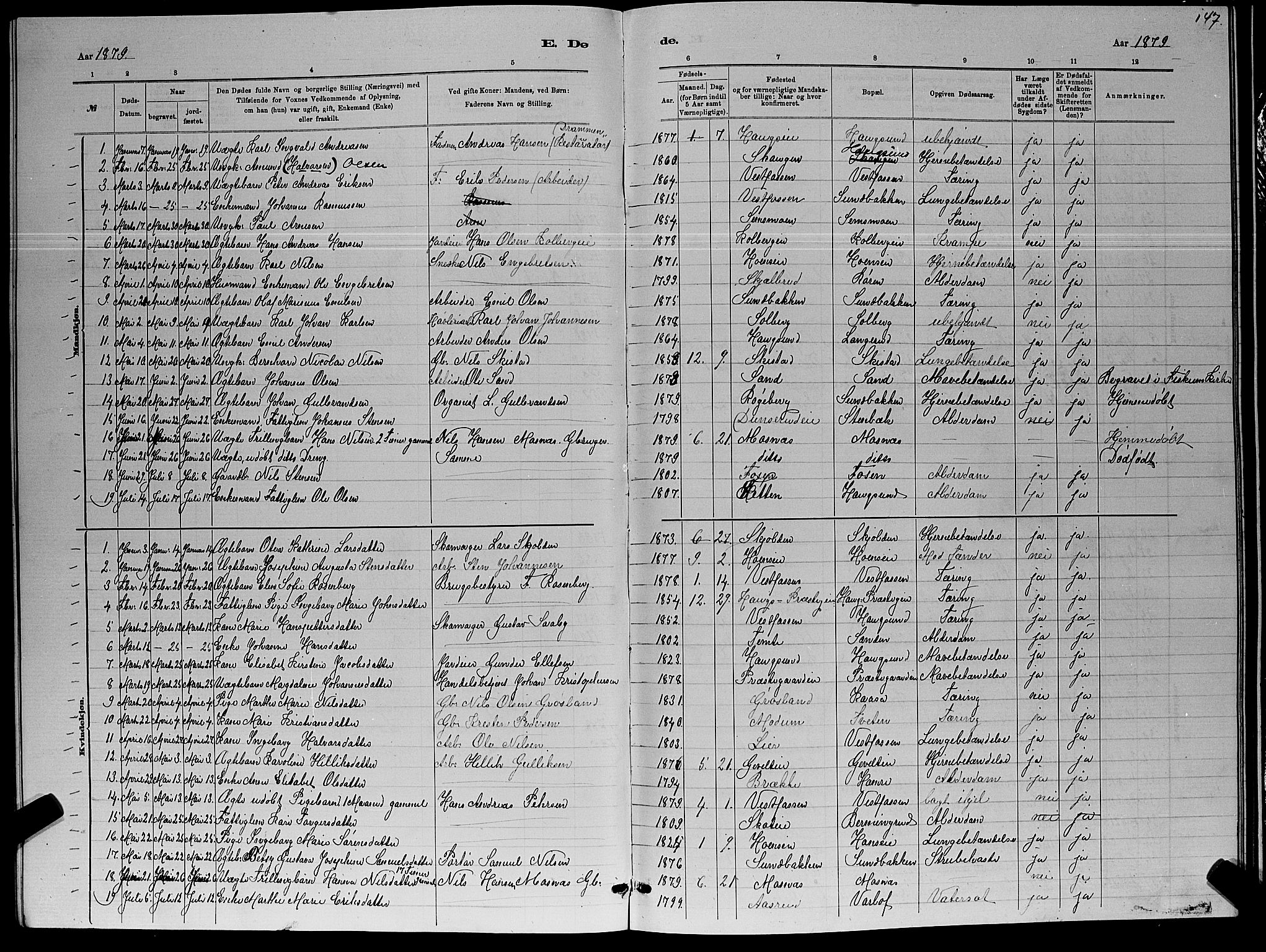 Eiker kirkebøker, SAKO/A-4/G/Ga/L0005: Parish register (copy) no. I 5, 1878-1887, p. 147