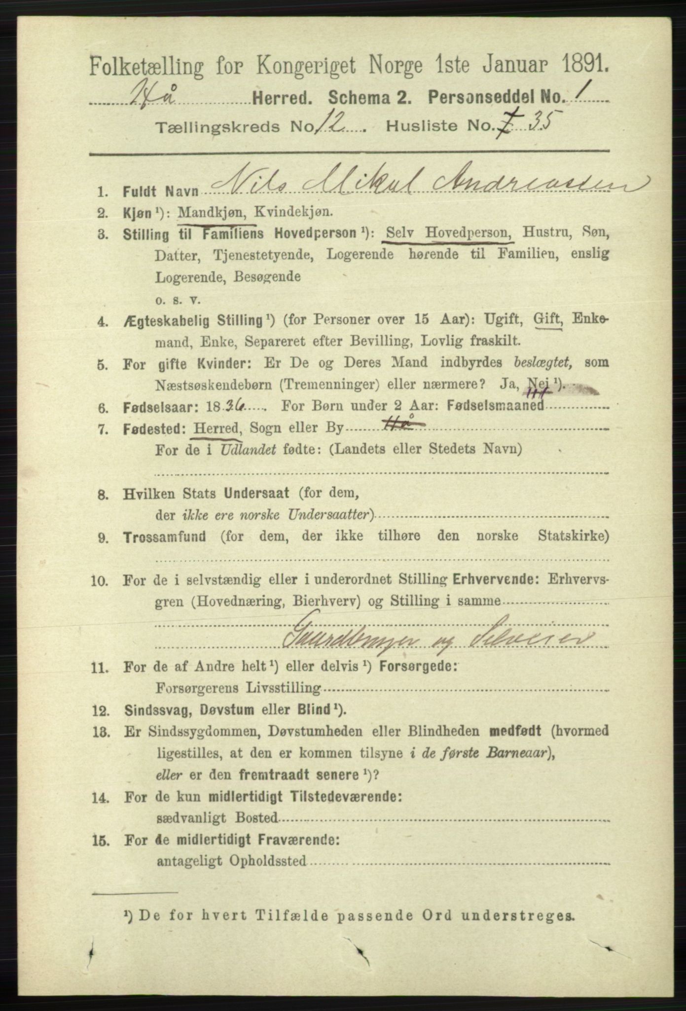 RA, 1891 census for 1119 Hå, 1891, p. 3098