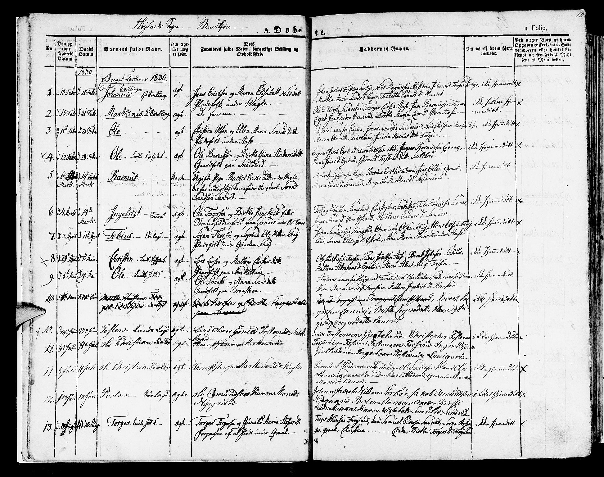 Høyland sokneprestkontor, SAST/A-101799/001/30BA/L0007: Parish register (official) no. A 7 /1, 1825-1841, p. 13