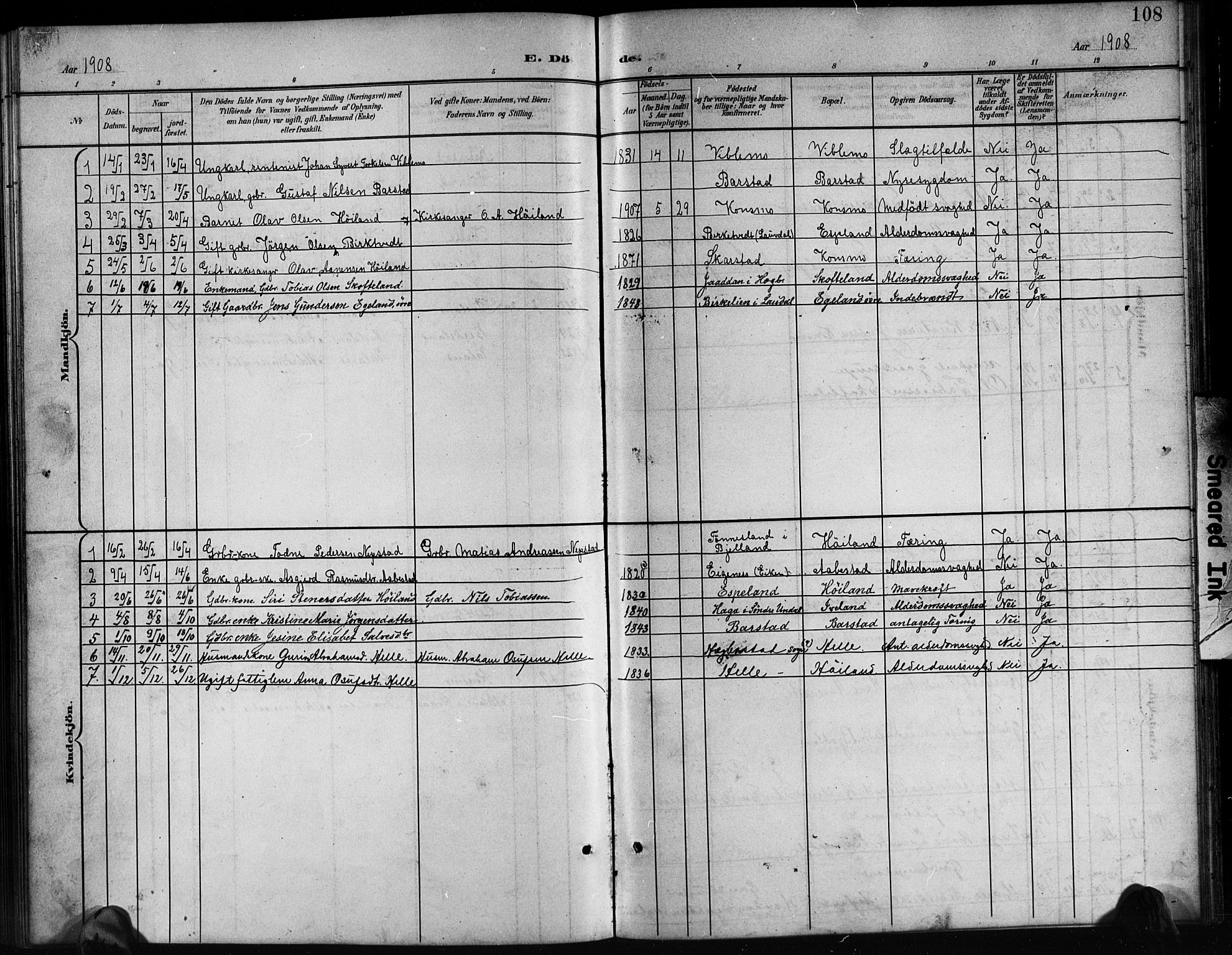 Nord-Audnedal sokneprestkontor, AV/SAK-1111-0032/F/Fb/Fba/L0004: Parish register (copy) no. B 4, 1901-1917, p. 108