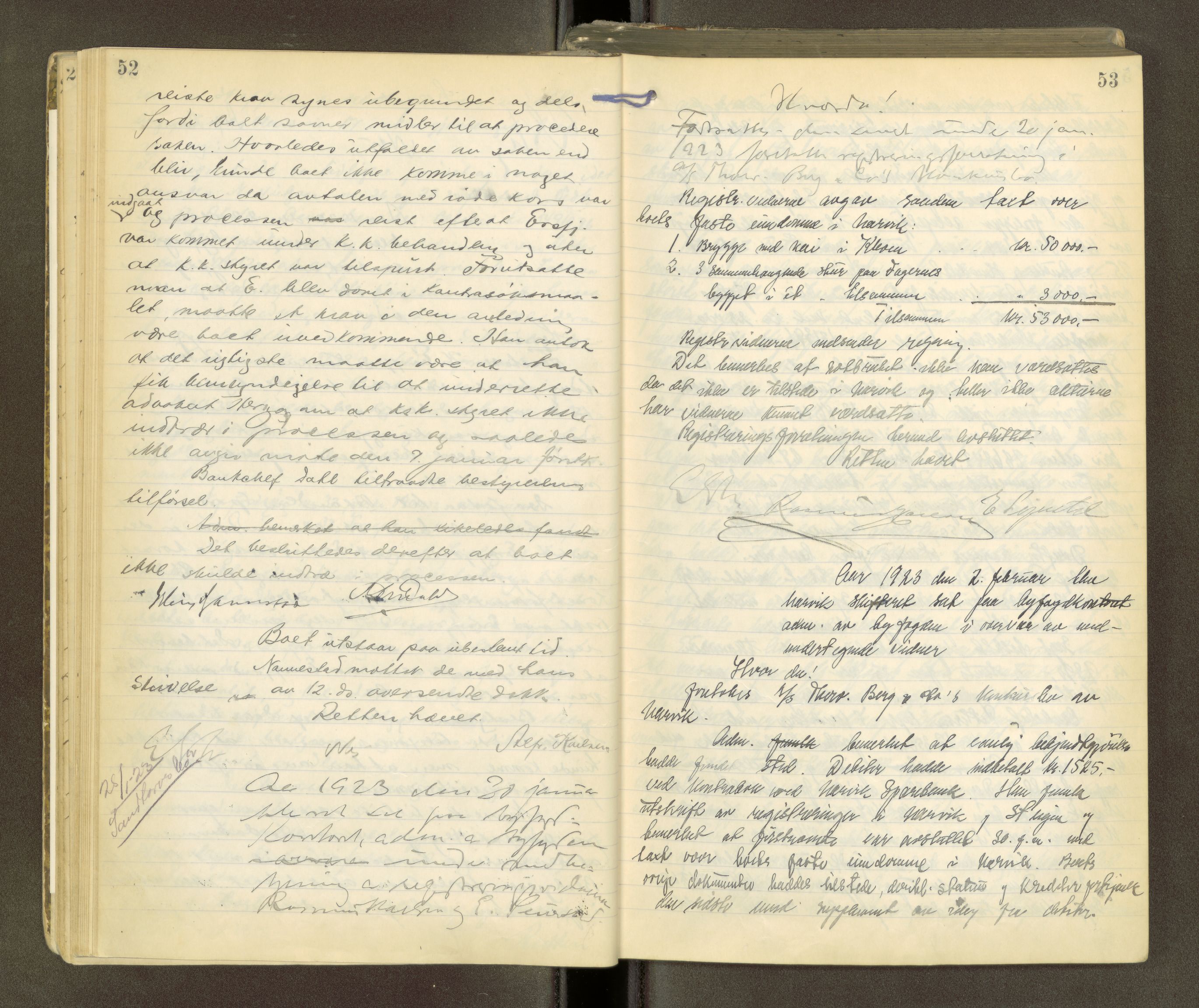 Narvik sorenskriveri, AV/SAT-A-0002/1/3/3B/L0002: Skiftebehandlingsprotokoll, 1922-1926, p. 52-53