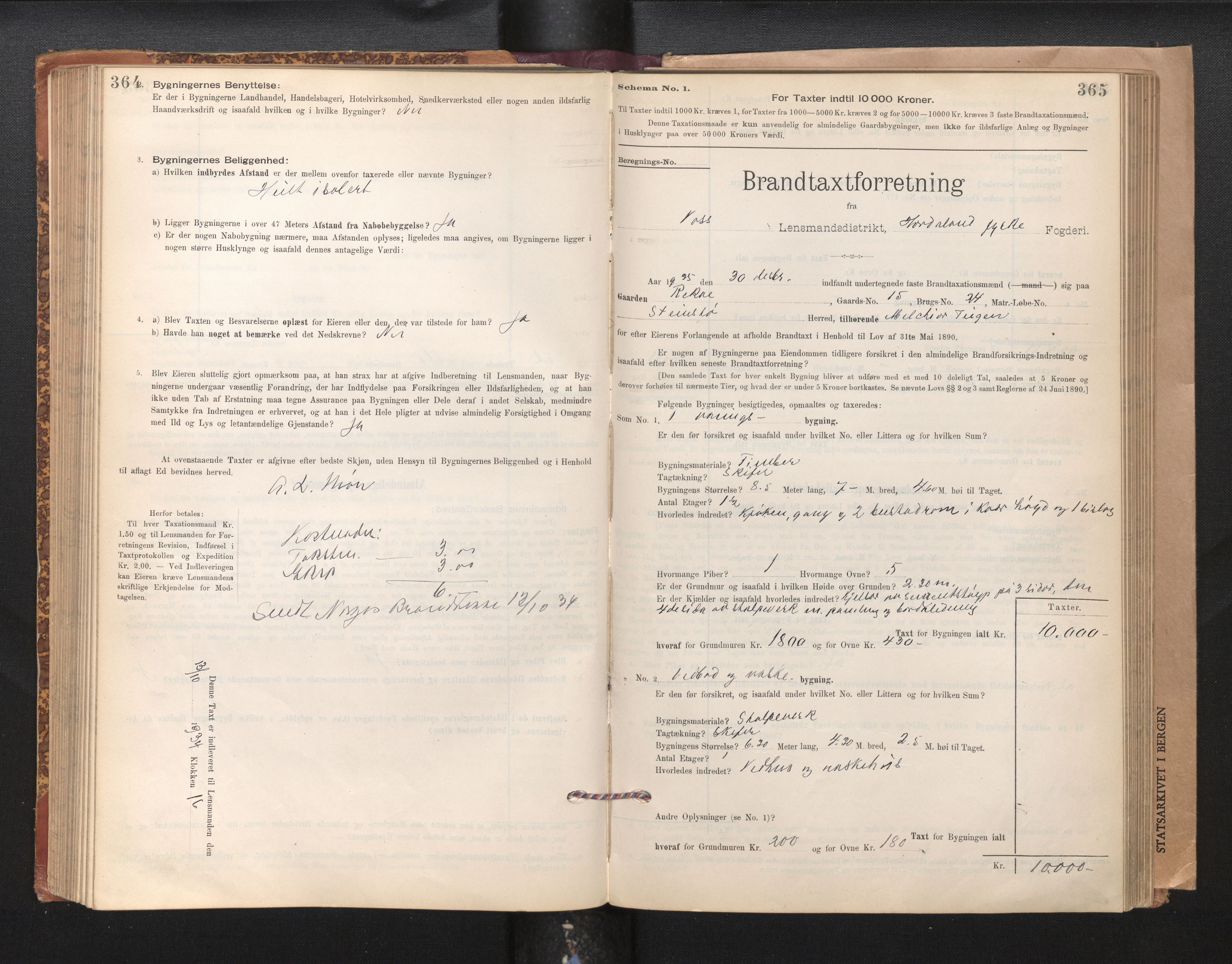 Lensmannen i Voss, SAB/A-35801/0012/L0008: Branntakstprotokoll, skjematakst, 1895-1945, p. 364-365