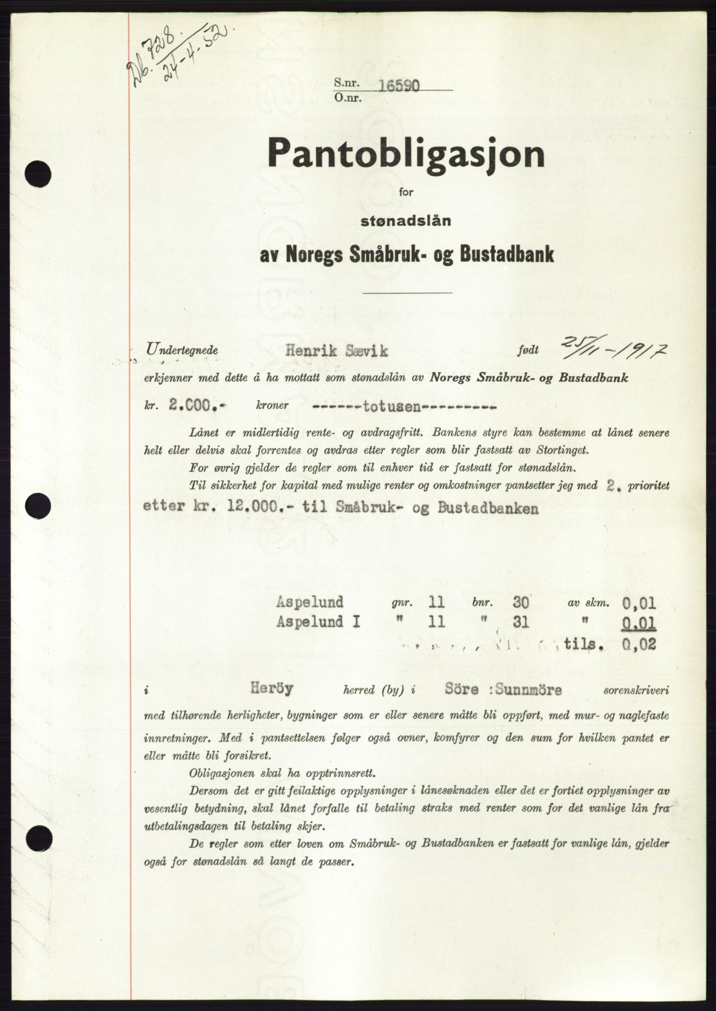 Søre Sunnmøre sorenskriveri, AV/SAT-A-4122/1/2/2C/L0121: Mortgage book no. 9B, 1951-1952, Diary no: : 728/1952