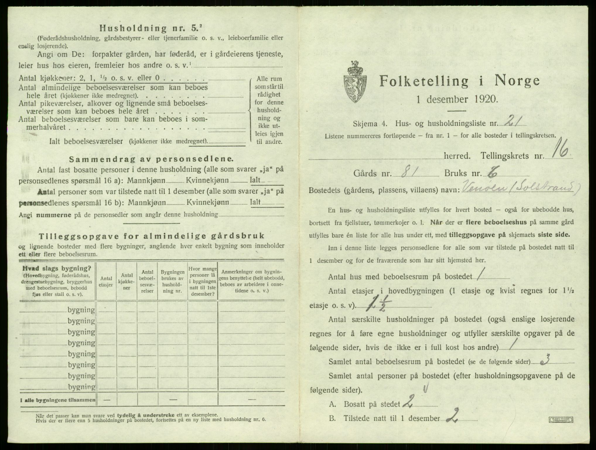 SAB, 1920 census for Selje, 1920, p. 1020