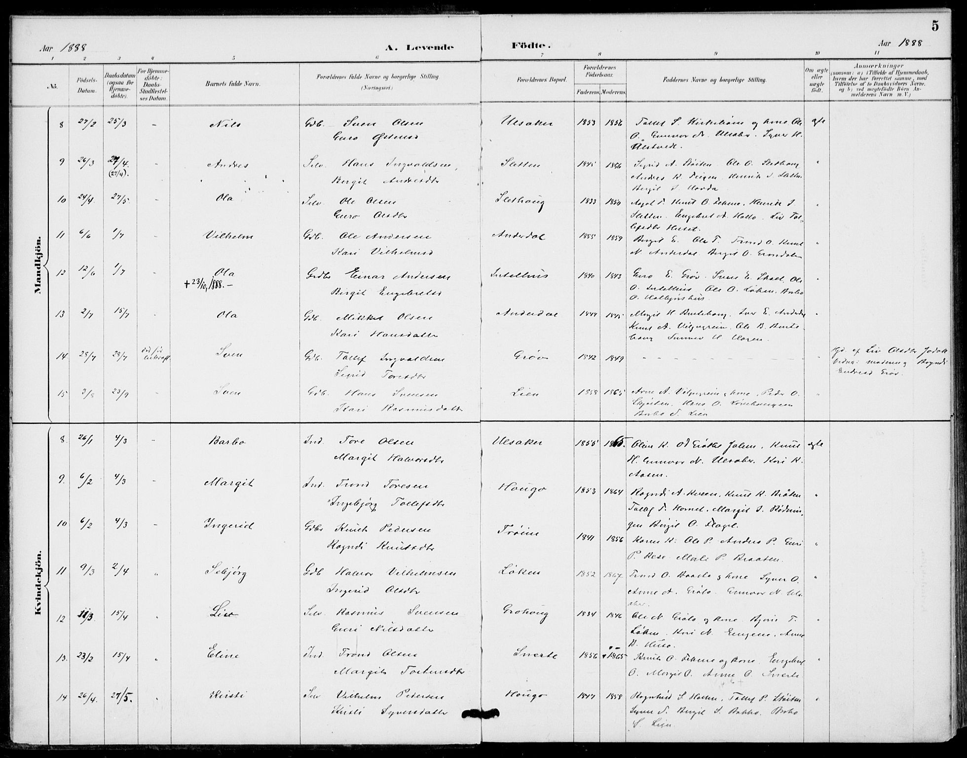 Gol kirkebøker, AV/SAKO-A-226/F/Fb/L0001: Parish register (official) no. II 1, 1887-1900, p. 5