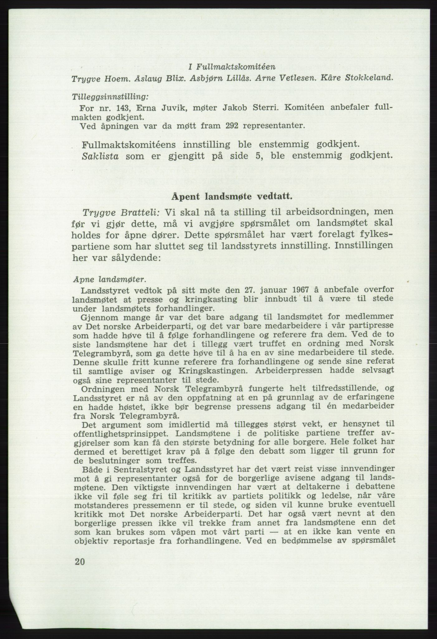 Det norske Arbeiderparti - publikasjoner, AAB/-/-/-: Protokoll over forhandlingene på det 41. ordinære landsmøte 21.-23. mai 1967 i Oslo, 1967, p. 20