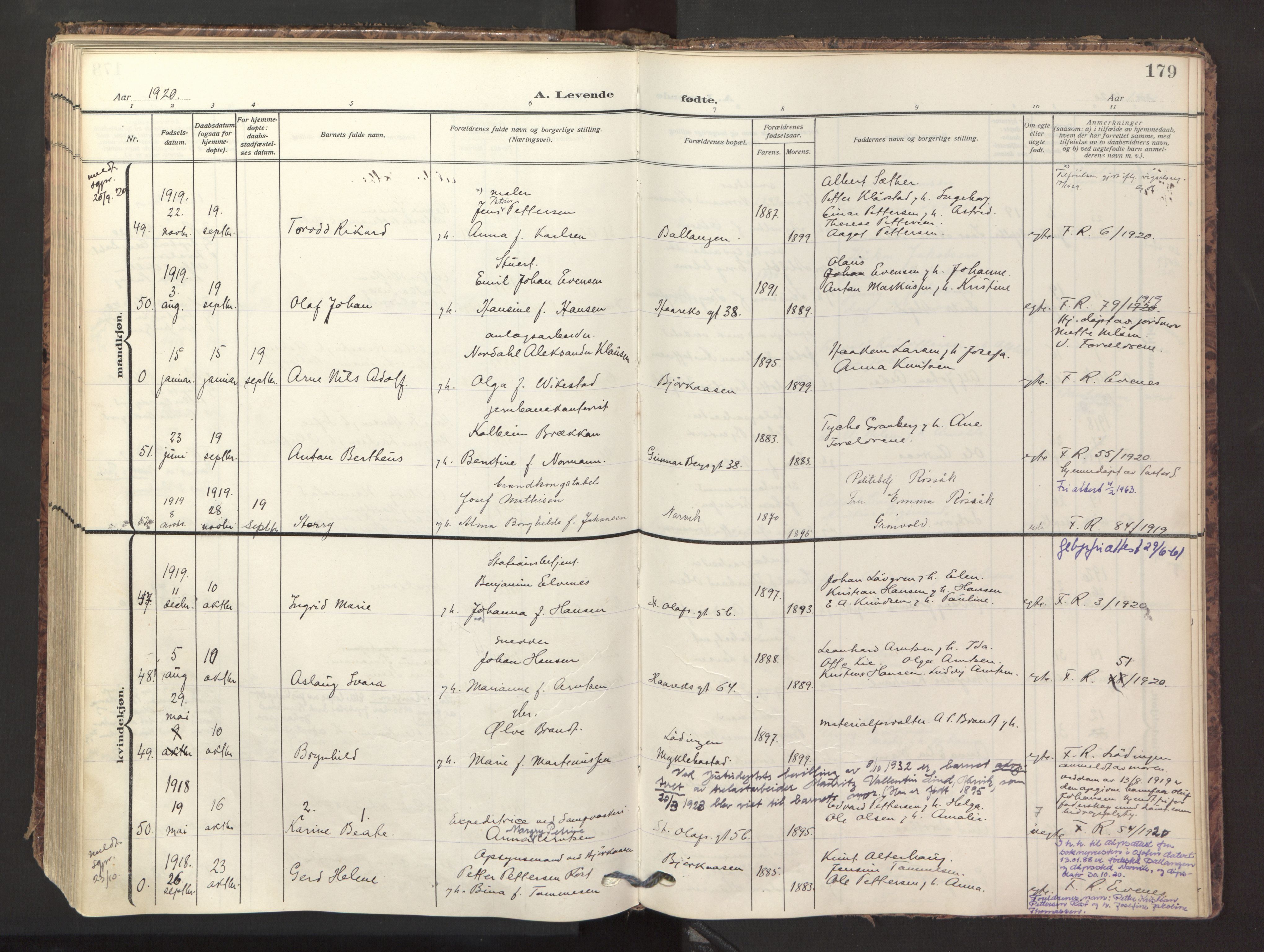 Ministerialprotokoller, klokkerbøker og fødselsregistre - Nordland, AV/SAT-A-1459/871/L1001: Parish register (official) no. 871A17, 1911-1921, p. 179