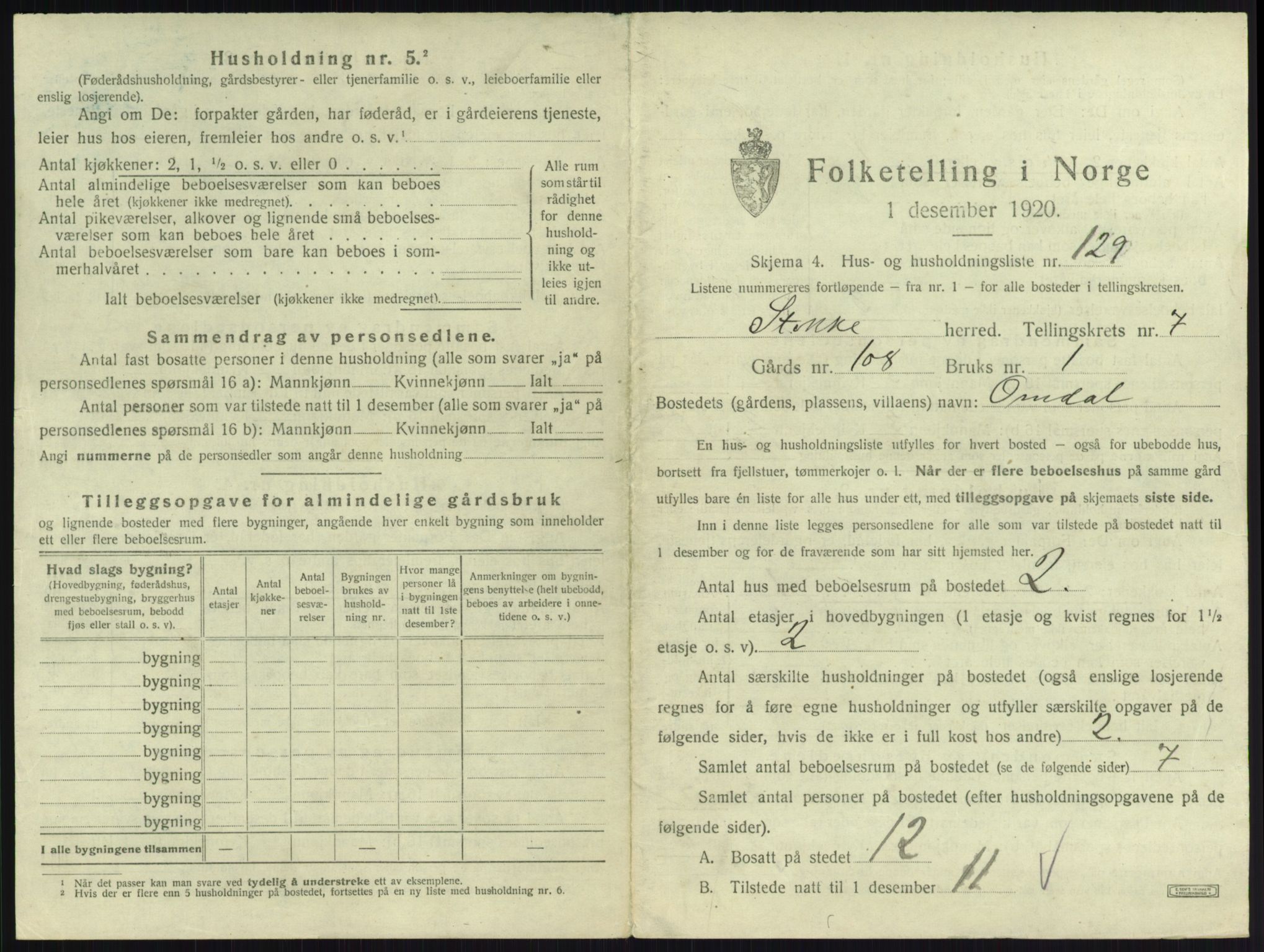 SAKO, 1920 census for Stokke, 1920, p. 1457