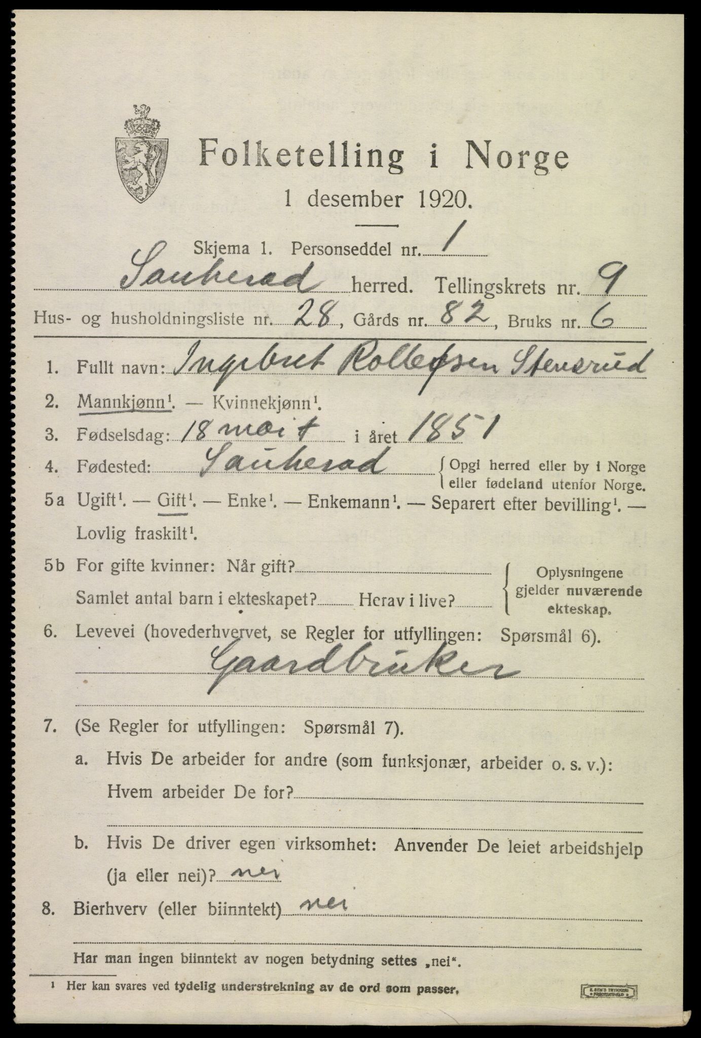 SAKO, 1920 census for Sauherad, 1920, p. 7127