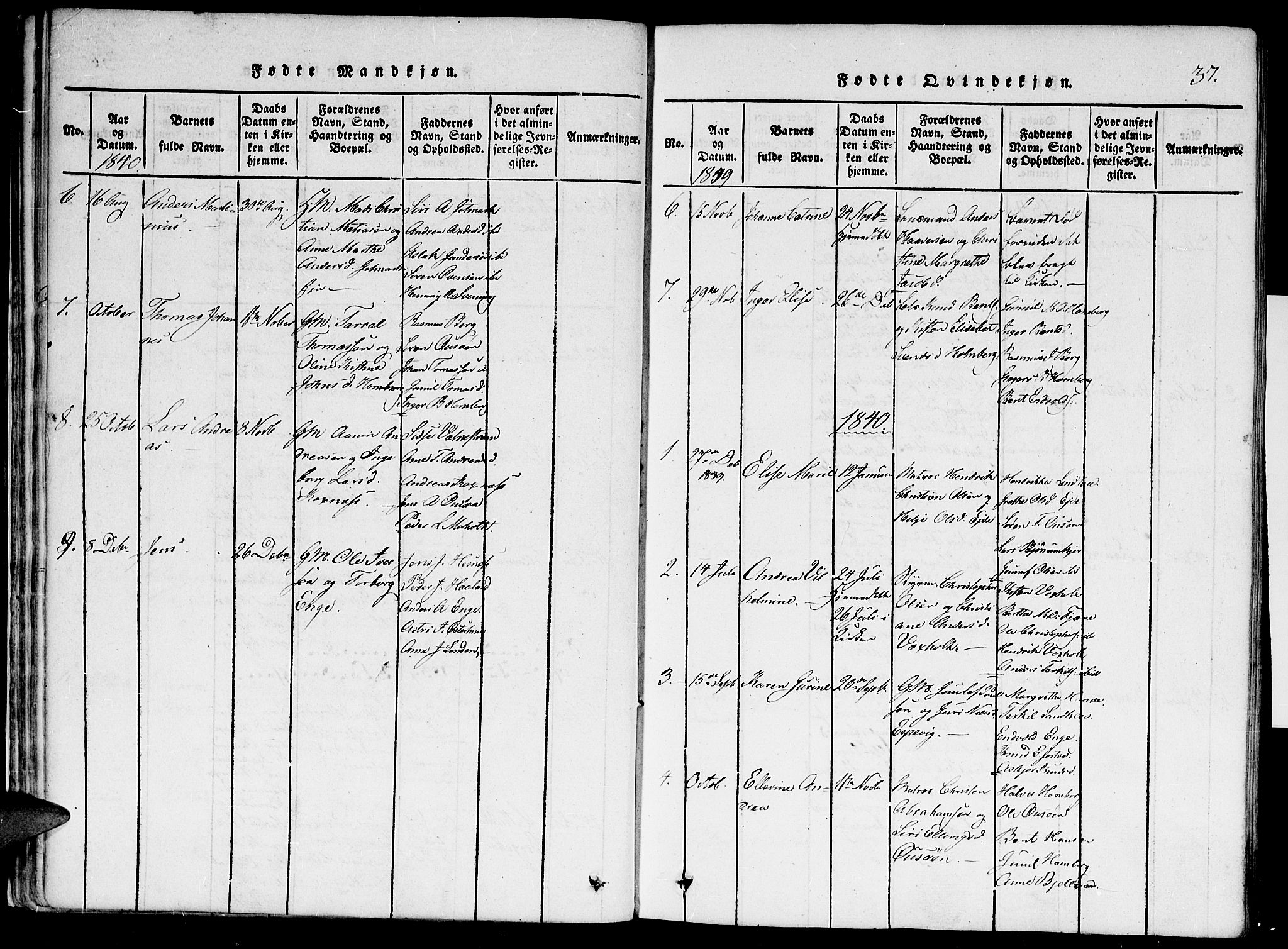 Hommedal sokneprestkontor, AV/SAK-1111-0023/F/Fa/Faa/L0001: Parish register (official) no. A 1, 1816-1860, p. 37