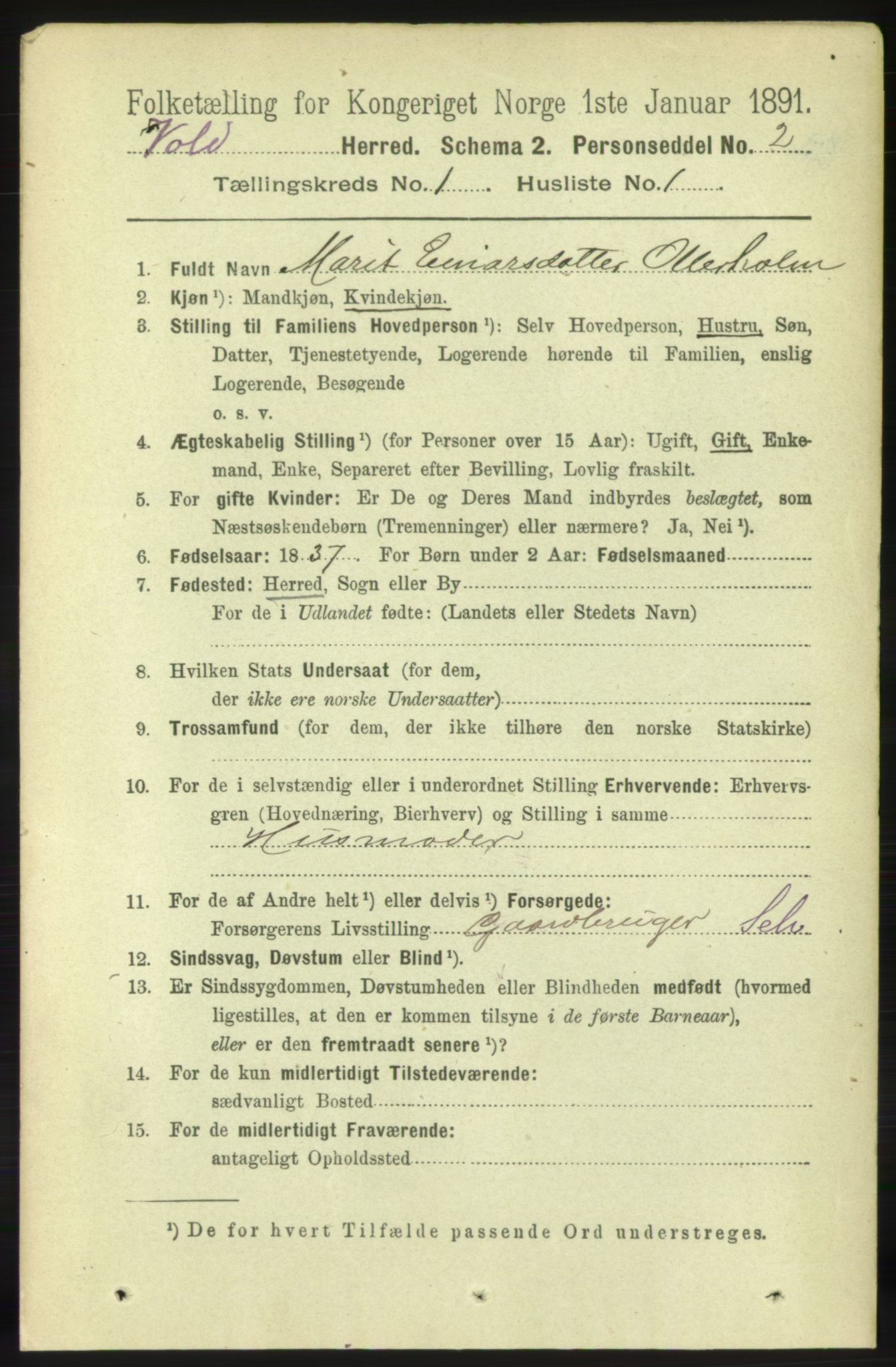 RA, 1891 census for 1537 Voll, 1891, p. 103