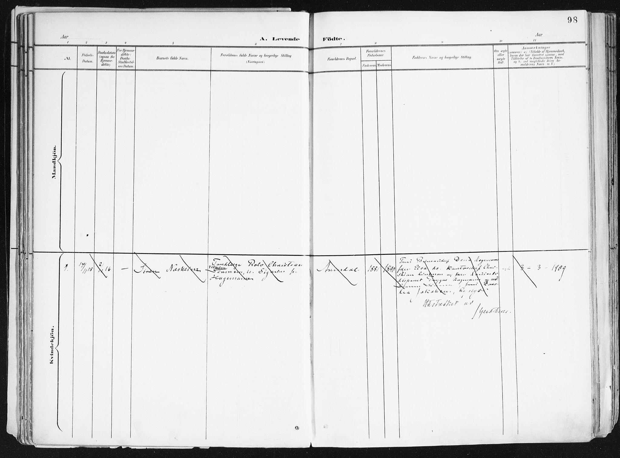 Arendal sokneprestkontor, Trefoldighet, SAK/1111-0040/F/Fa/L0010: Parish register (official) no. A 10, 1900-1919, p. 98