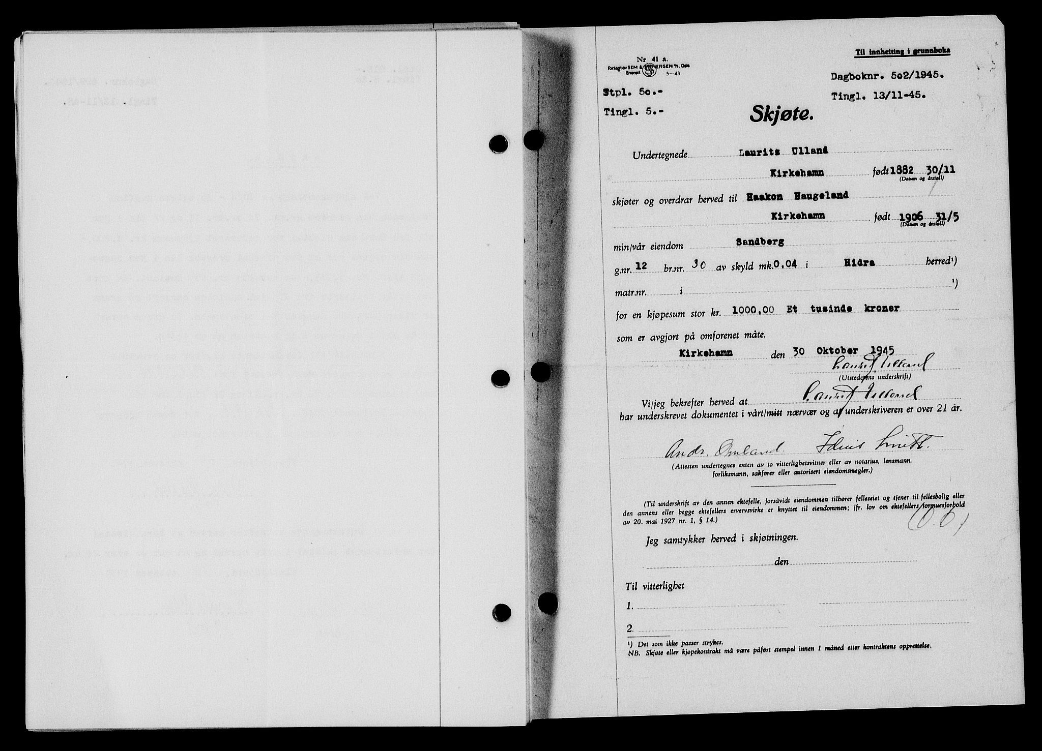 Flekkefjord sorenskriveri, AV/SAK-1221-0001/G/Gb/Gba/L0060: Mortgage book no. A-8, 1945-1946, Diary no: : 502/1945