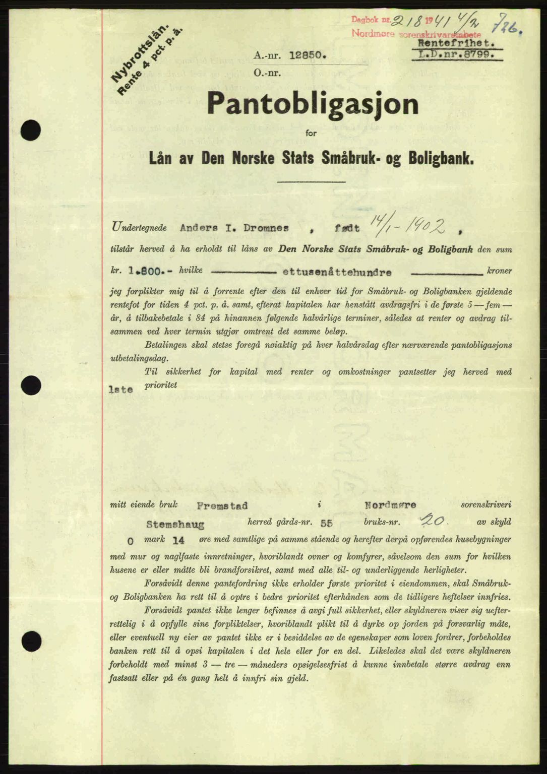 Nordmøre sorenskriveri, AV/SAT-A-4132/1/2/2Ca: Mortgage book no. B87, 1940-1941, Diary no: : 218/1941