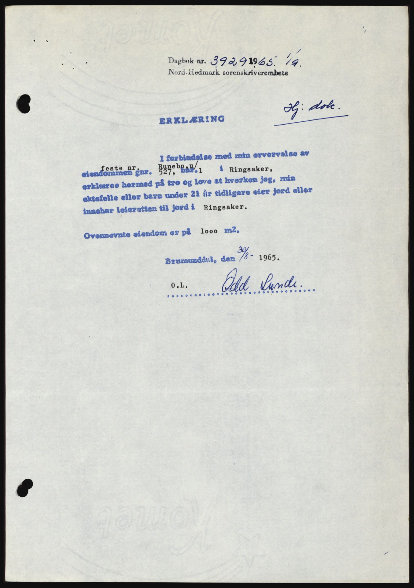 Nord-Hedmark sorenskriveri, SAH/TING-012/H/Hc/L0022: Mortgage book no. 22, 1965-1965, Diary no: : 3929/1965
