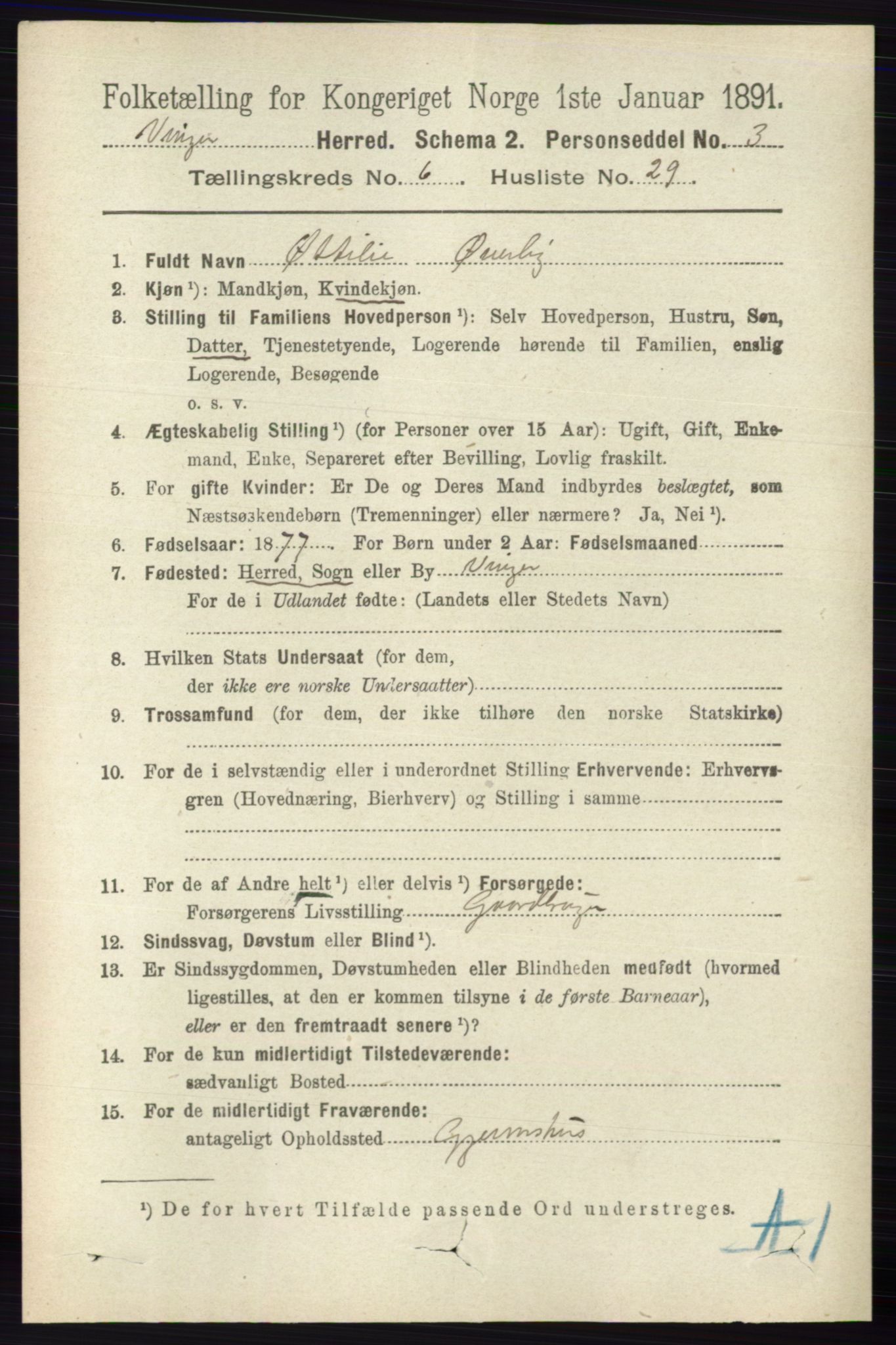 RA, 1891 census for 0421 Vinger, 1891, p. 2780