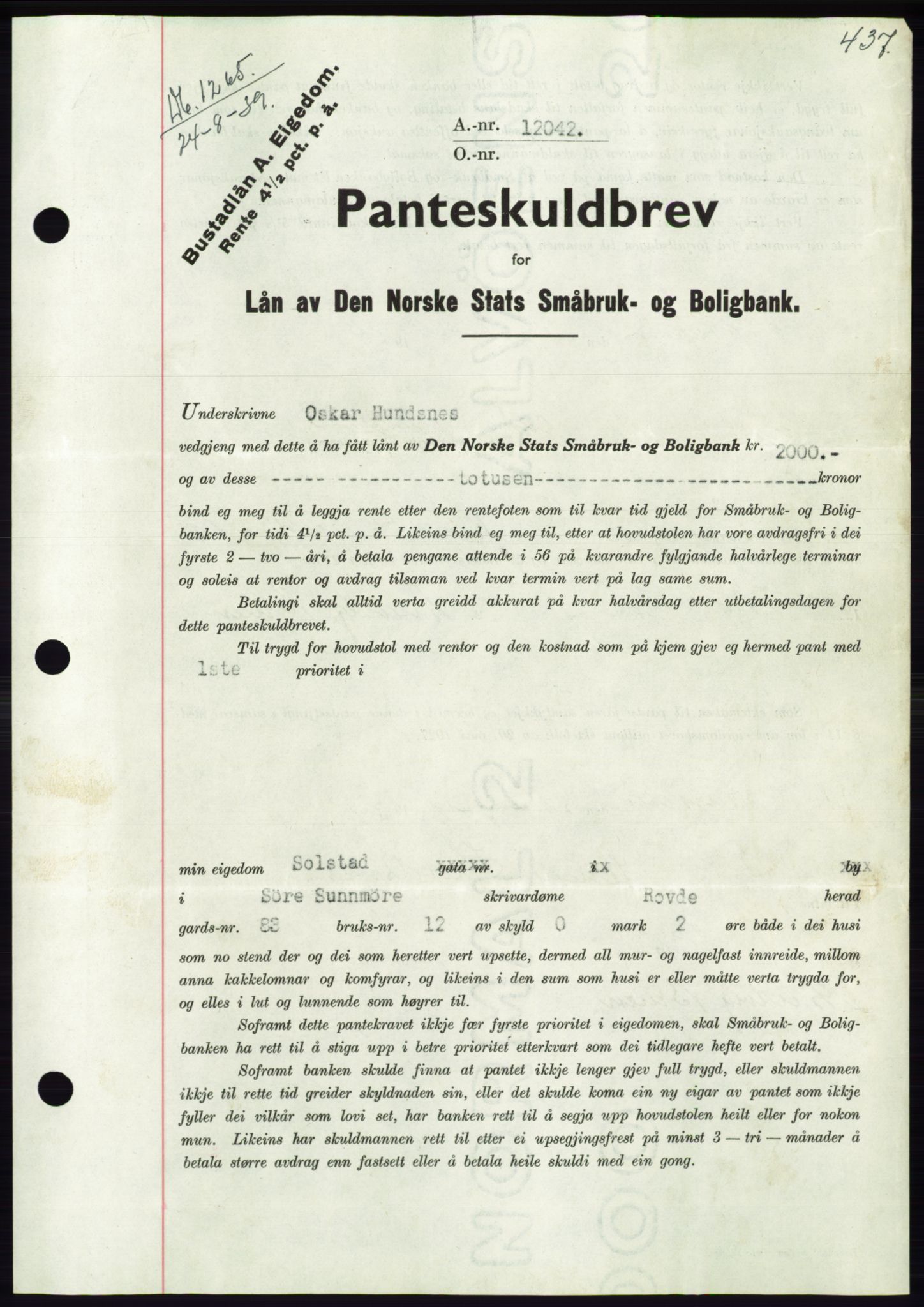 Søre Sunnmøre sorenskriveri, AV/SAT-A-4122/1/2/2C/L0068: Mortgage book no. 62, 1939-1939, Diary no: : 1265/1939