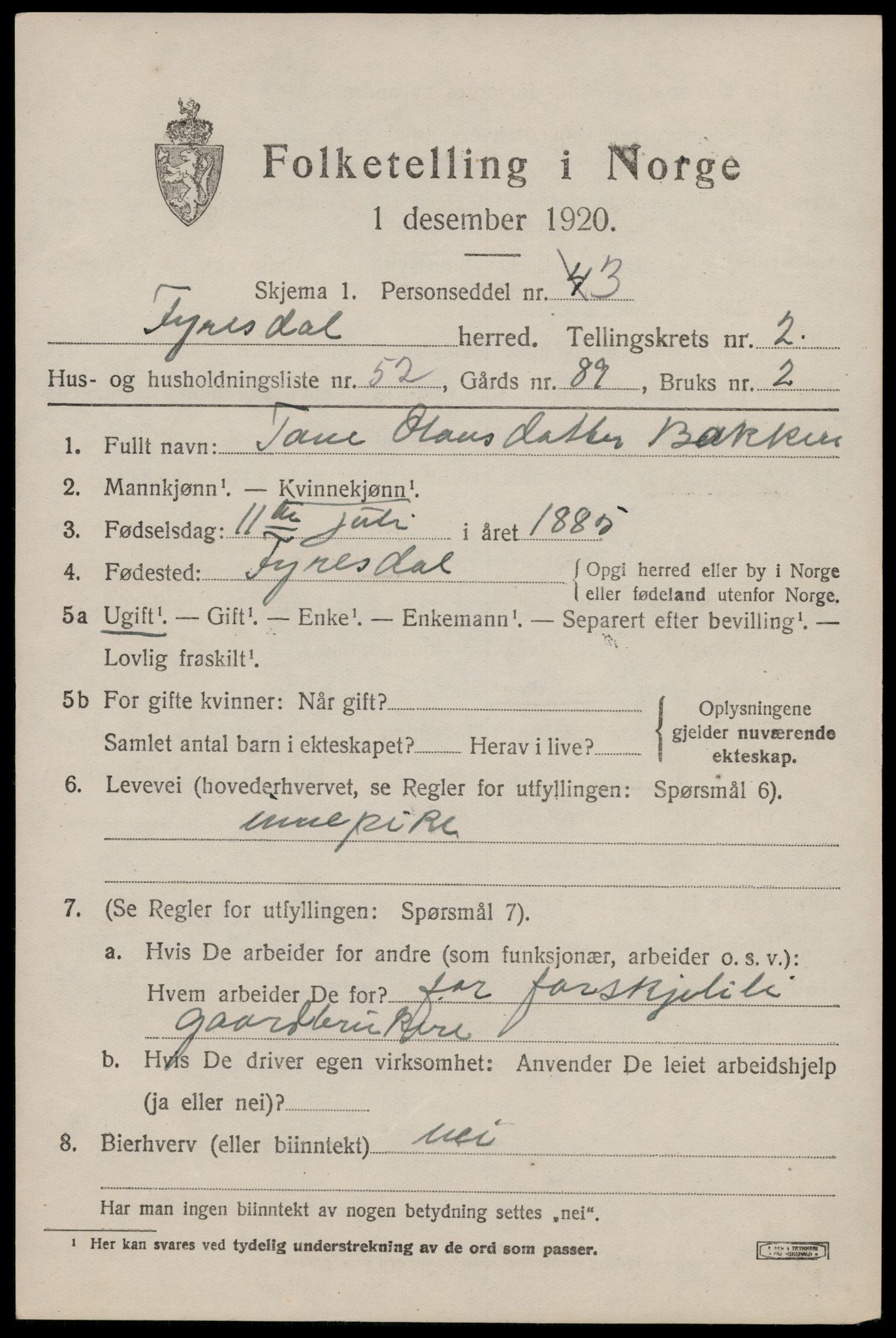 SAKO, 1920 census for Fyresdal, 1920, p. 1805