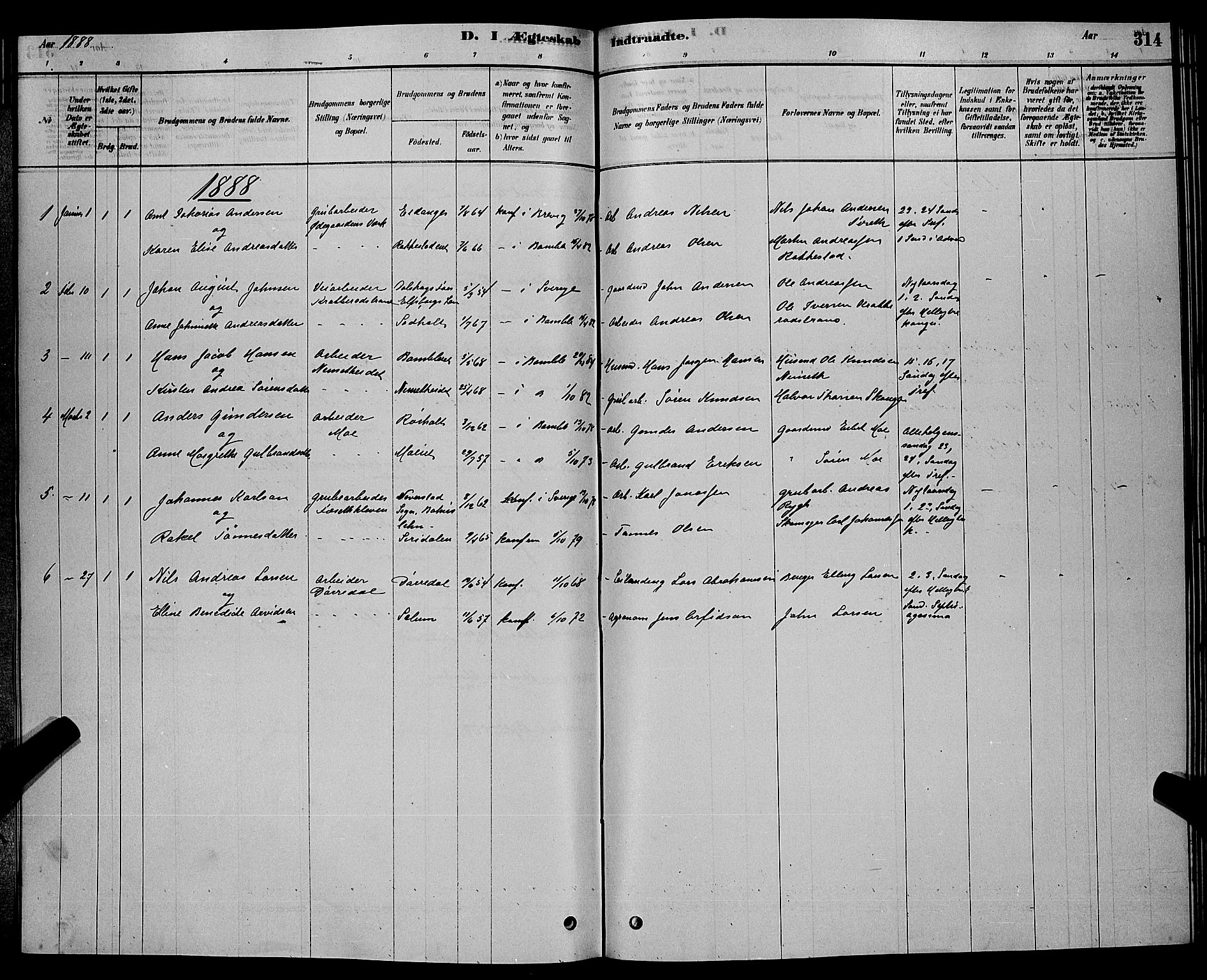 Bamble kirkebøker, SAKO/A-253/G/Ga/L0008: Parish register (copy) no. I 8, 1878-1888, p. 314