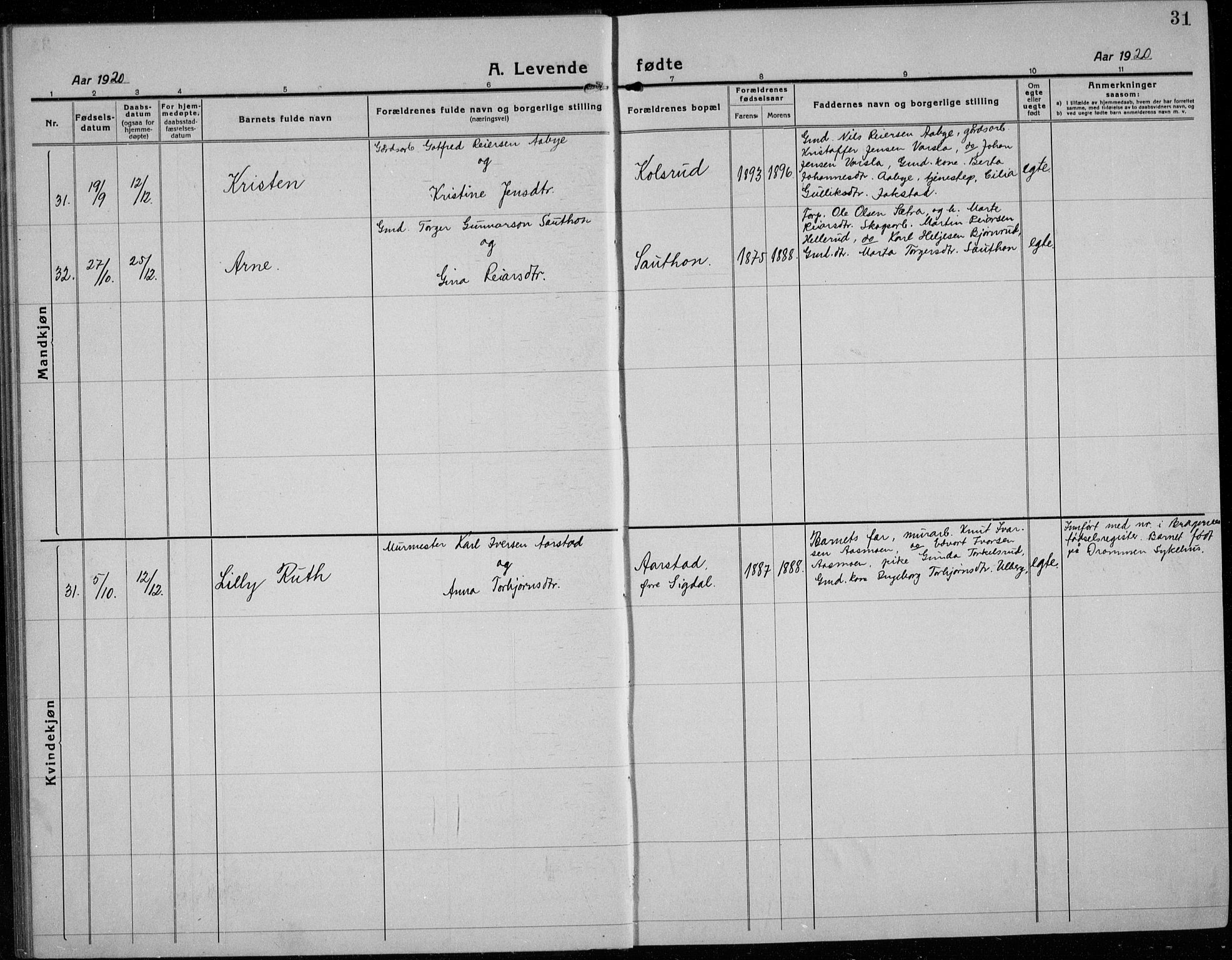 Sigdal kirkebøker, AV/SAKO-A-245/G/Ga/L0007: Parish register (copy) no. I 7, 1917-1935, p. 31