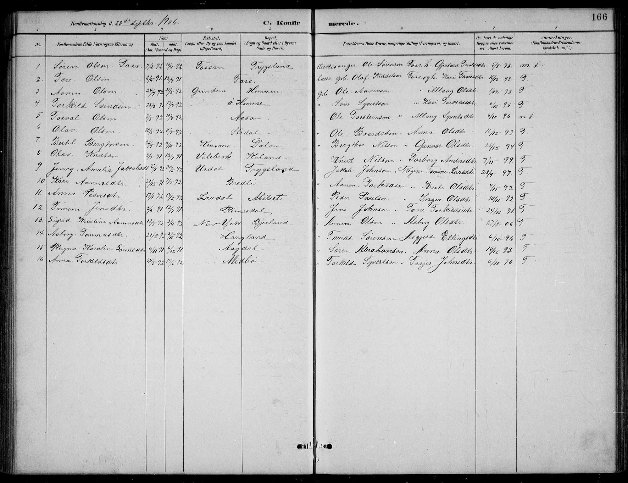Bjelland sokneprestkontor, SAK/1111-0005/F/Fb/Fba/L0005: Parish register (copy) no. B 5, 1887-1923, p. 166