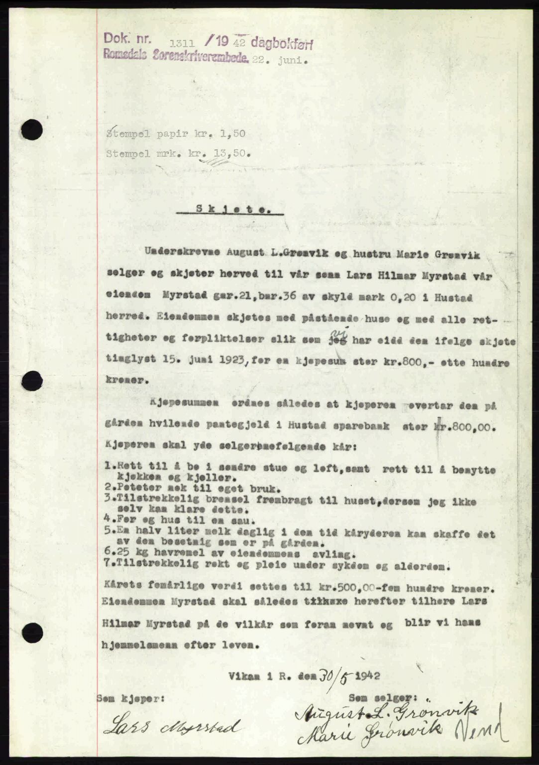 Romsdal sorenskriveri, AV/SAT-A-4149/1/2/2C: Mortgage book no. A12, 1942-1942, Diary no: : 1311/1942