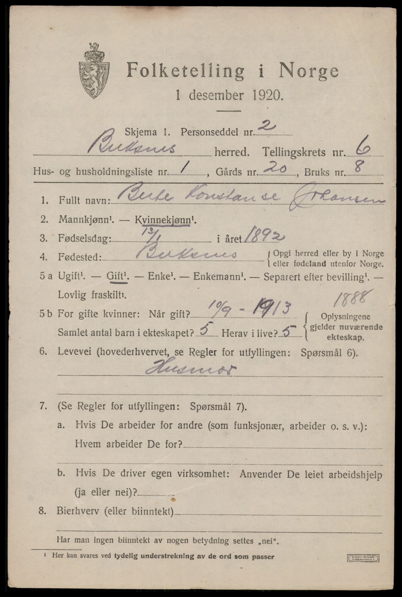 SAT, 1920 census for Buksnes, 1920, p. 5969