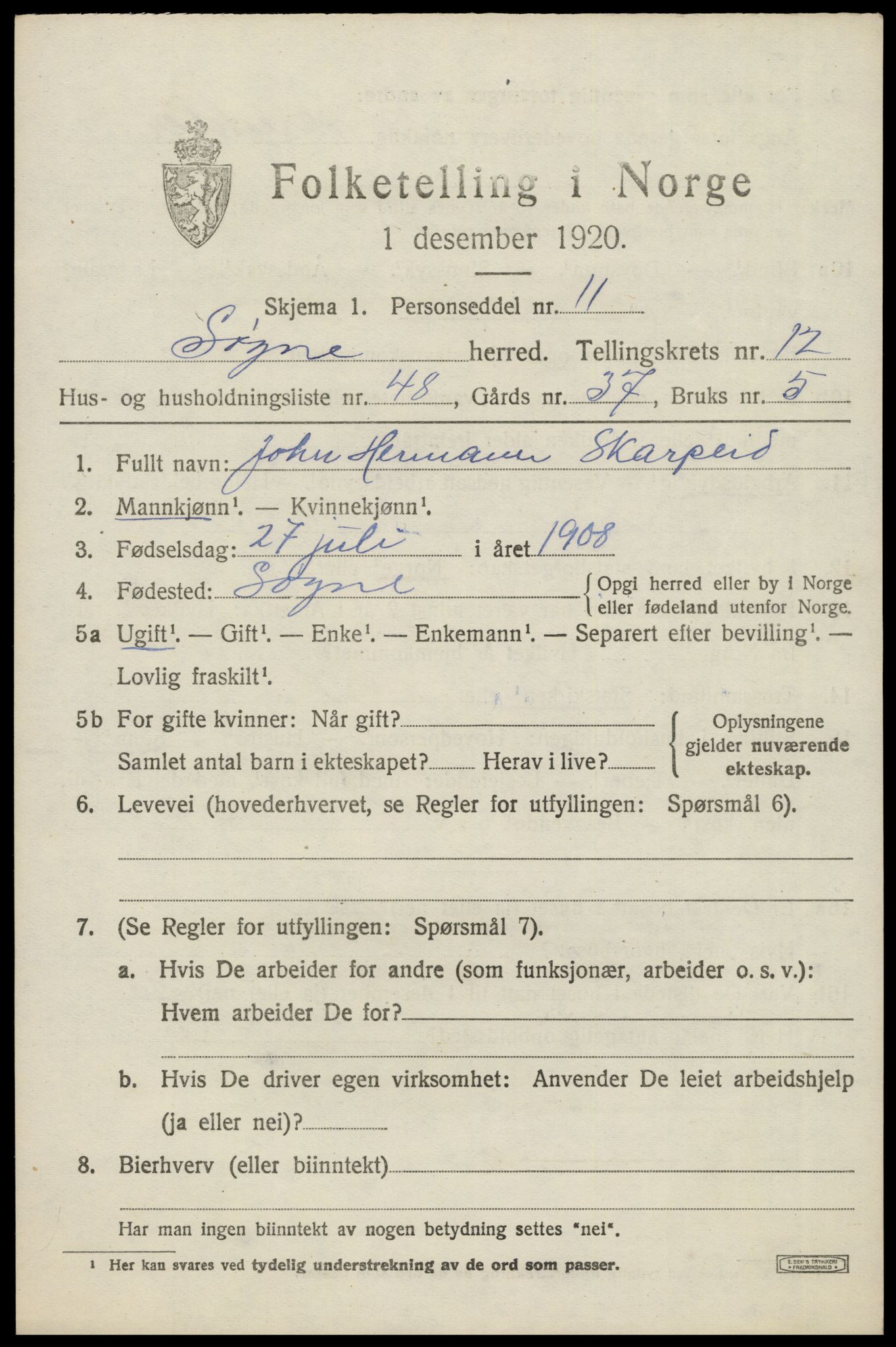 SAK, 1920 census for Søgne, 1920, p. 6403