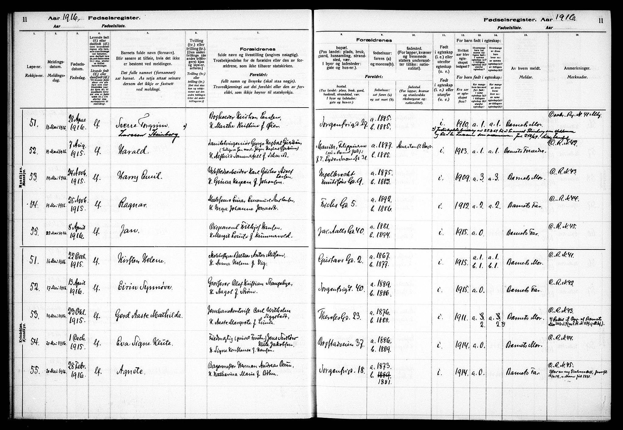 Fagerborg prestekontor Kirkebøker, SAO/A-10844/J/Ja/L0001: Birth register no. 1, 1916-1925, p. 11