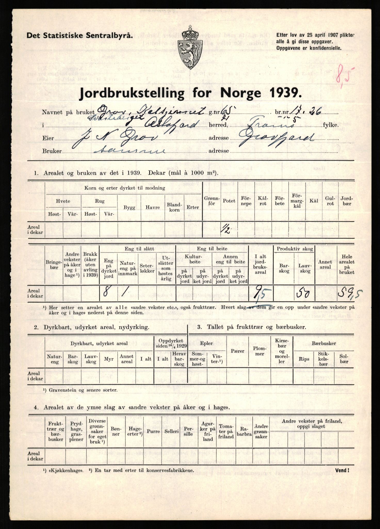 Statistisk sentralbyrå, Næringsøkonomiske emner, Jordbruk, skogbruk, jakt, fiske og fangst, AV/RA-S-2234/G/Gb/L0339: Troms: Andørja, Astafjord og Lavangen, 1939, p. 31