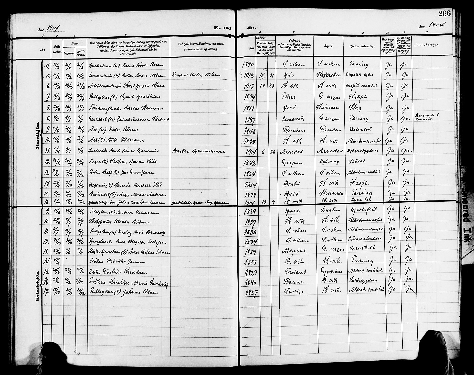 Hisøy sokneprestkontor, AV/SAK-1111-0020/F/Fb/L0004: Parish register (copy) no. B 4, 1905-1923, p. 266