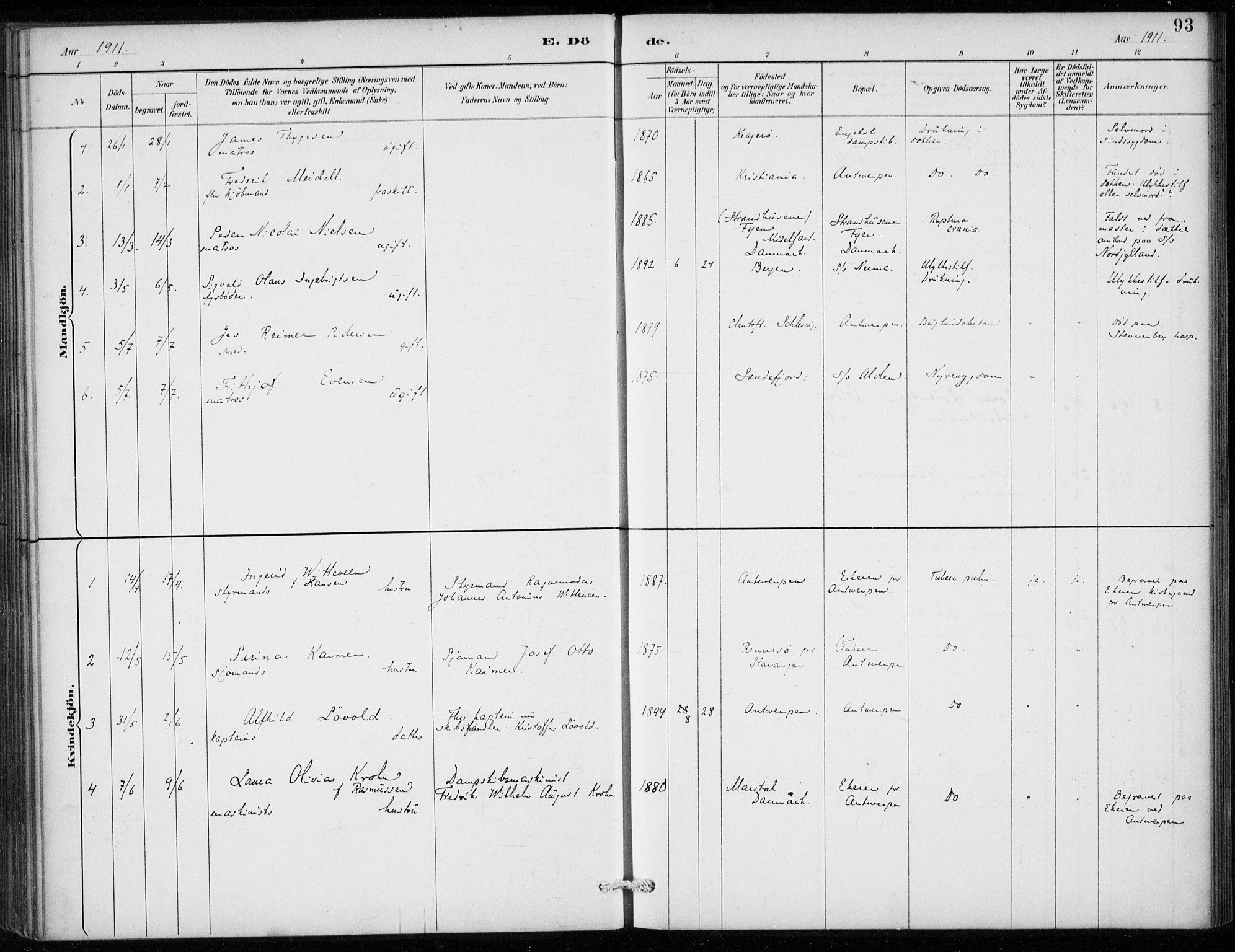 Den norske sjømannsmisjon i utlandet/Antwerpen, SAB/SAB/PA-0105/H/Ha/L0002: Parish register (official) no. A 2, 1887-1913, p. 93