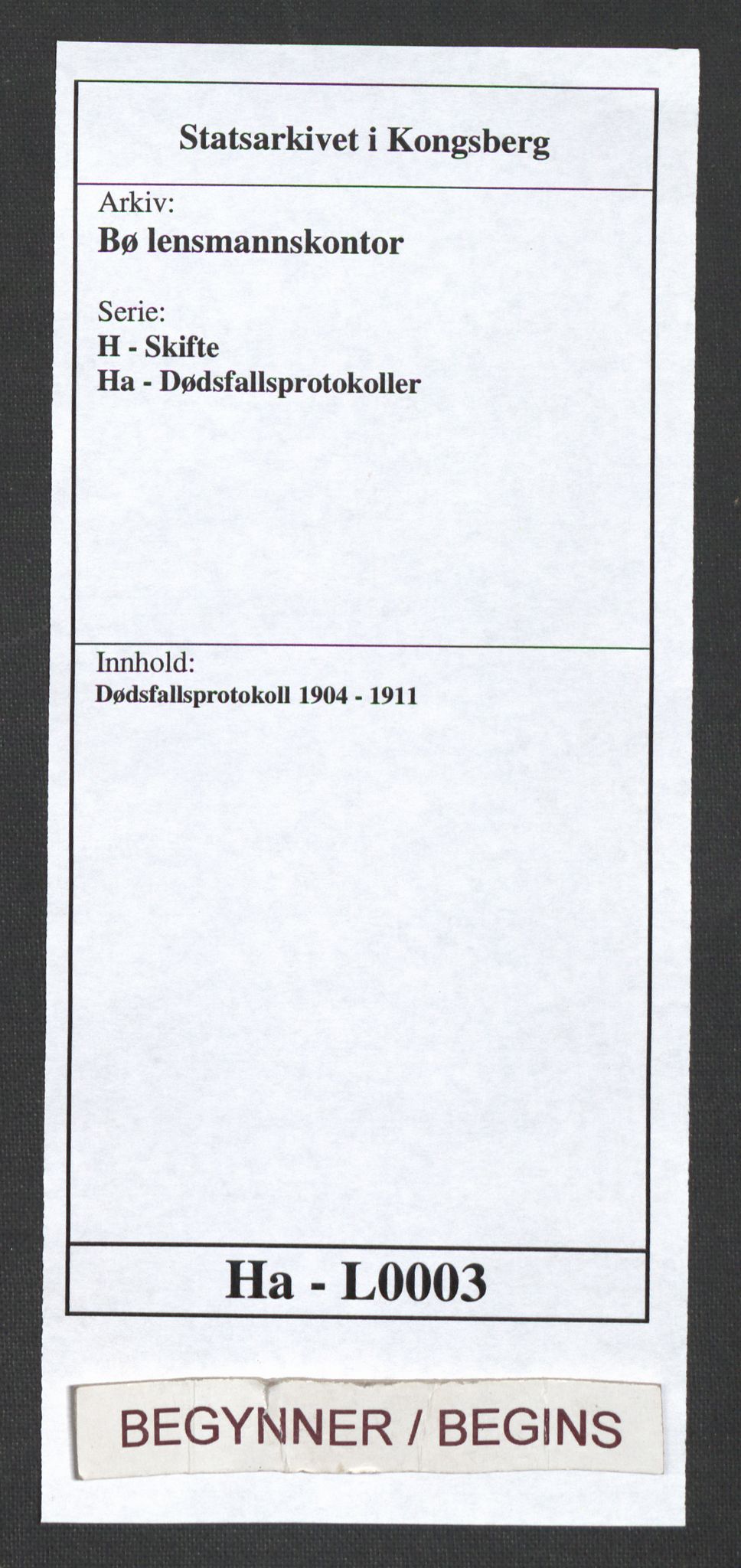 Bø lensmannskontor, SAKO/A-553/H/Ha/L0003: Dødsfallsprotokoll, 1904-1911