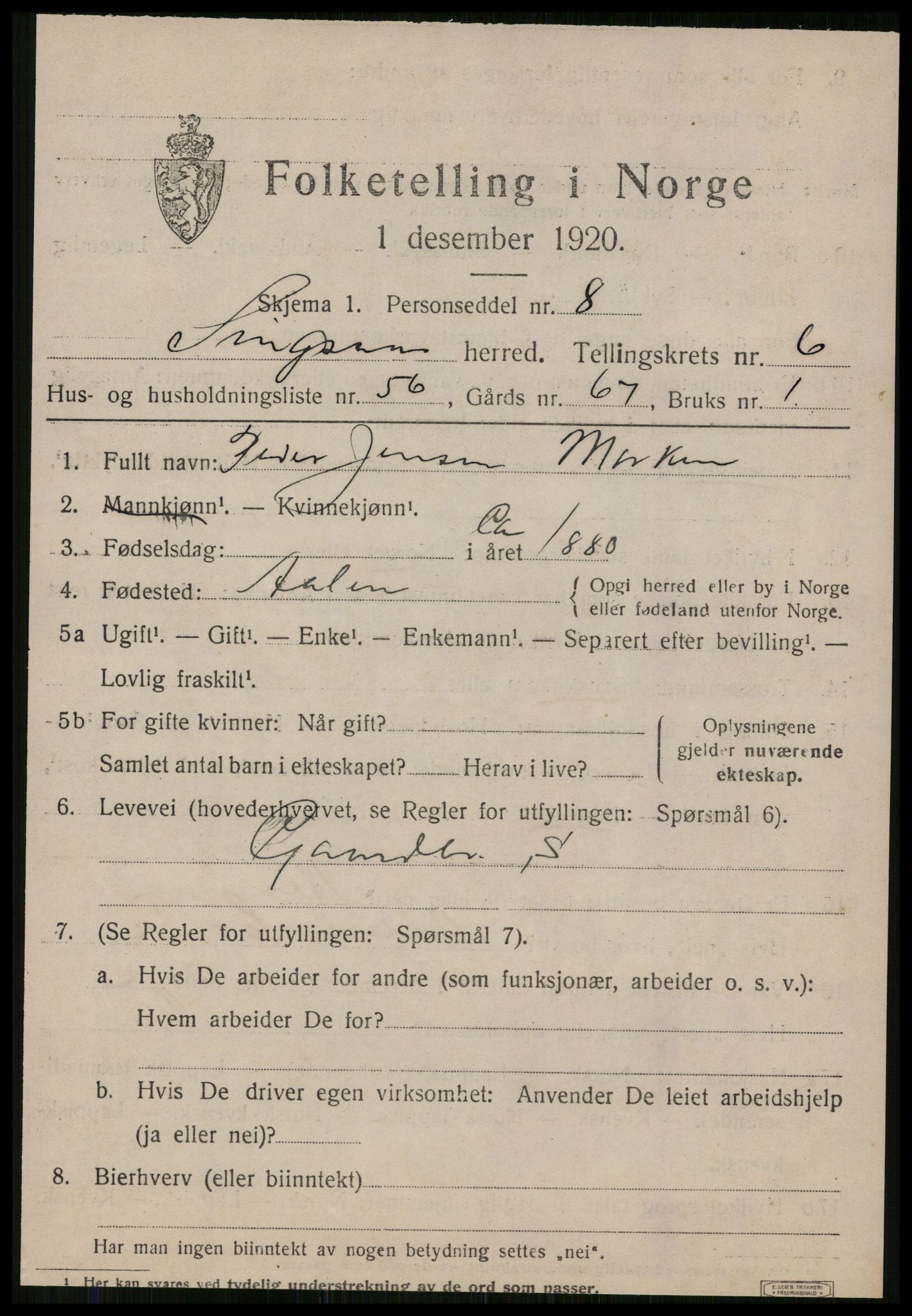 SAT, 1920 census for Singsås, 1920, p. 4013
