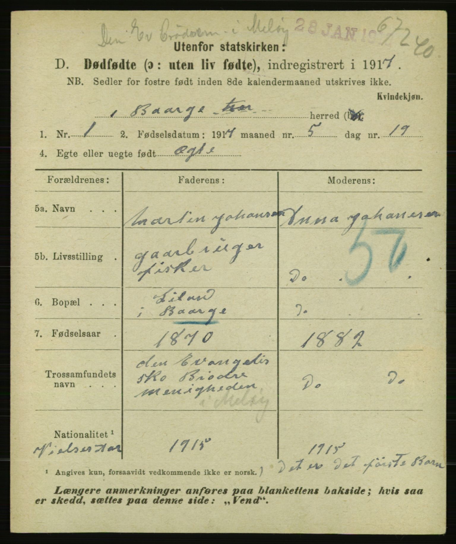 Statistisk sentralbyrå, Sosiodemografiske emner, Befolkning, AV/RA-S-2228/E/L0015: Fødte, gifte, døde dissentere., 1917, p. 3425