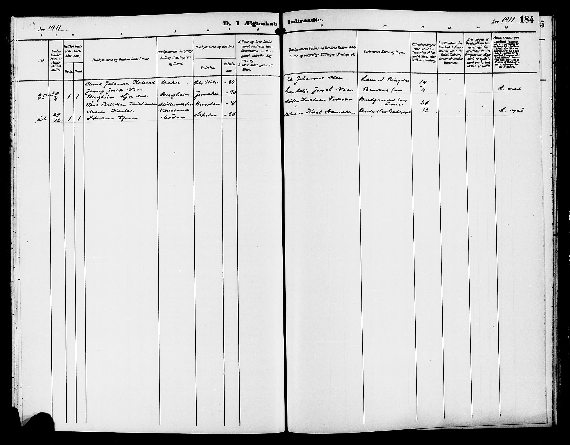 Gran prestekontor, SAH/PREST-112/H/Ha/Hab/L0006: Parish register (copy) no. 6, 1901-1911, p. 184