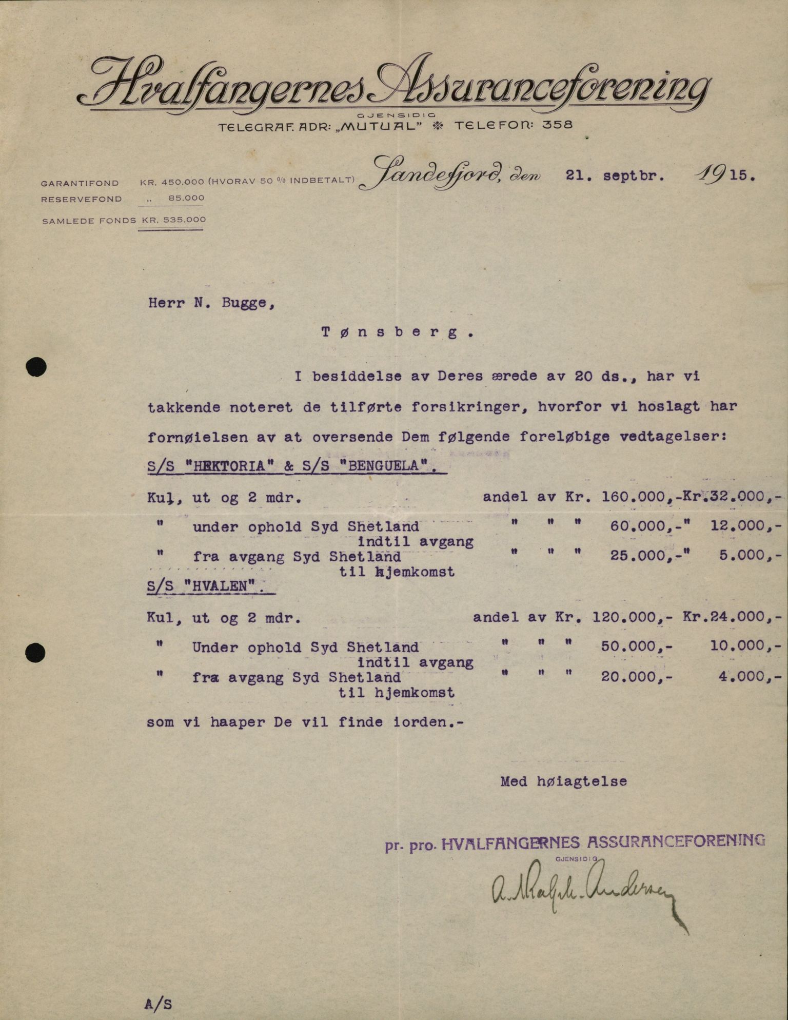 Pa 664 - Tønsberg Sjøforsikringsselskap, VEMU/A-1773/D/Da/L0001: Mai - November
Oscar Aalborg, 1915