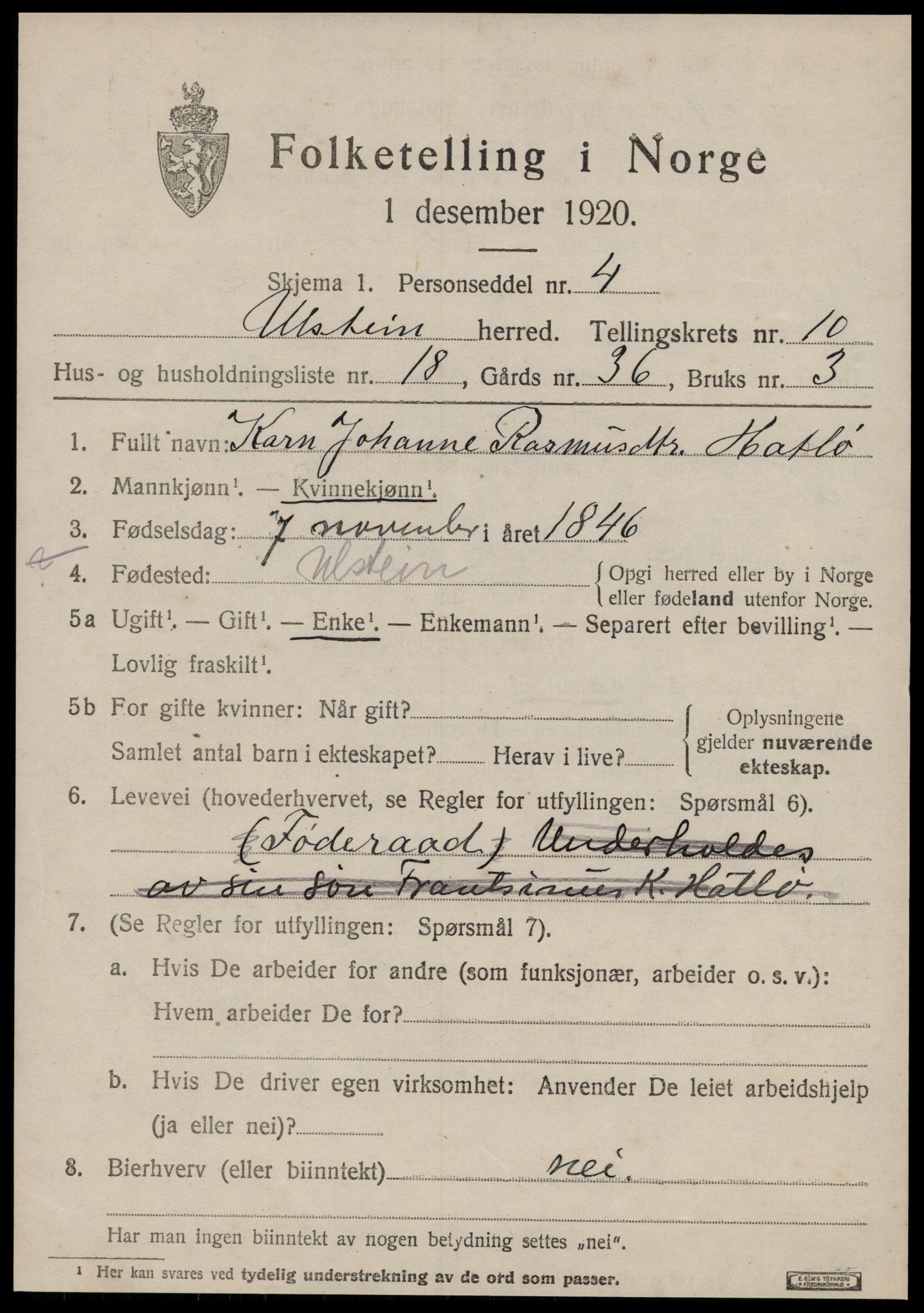 SAT, 1920 census for Ulstein, 1920, p. 5584