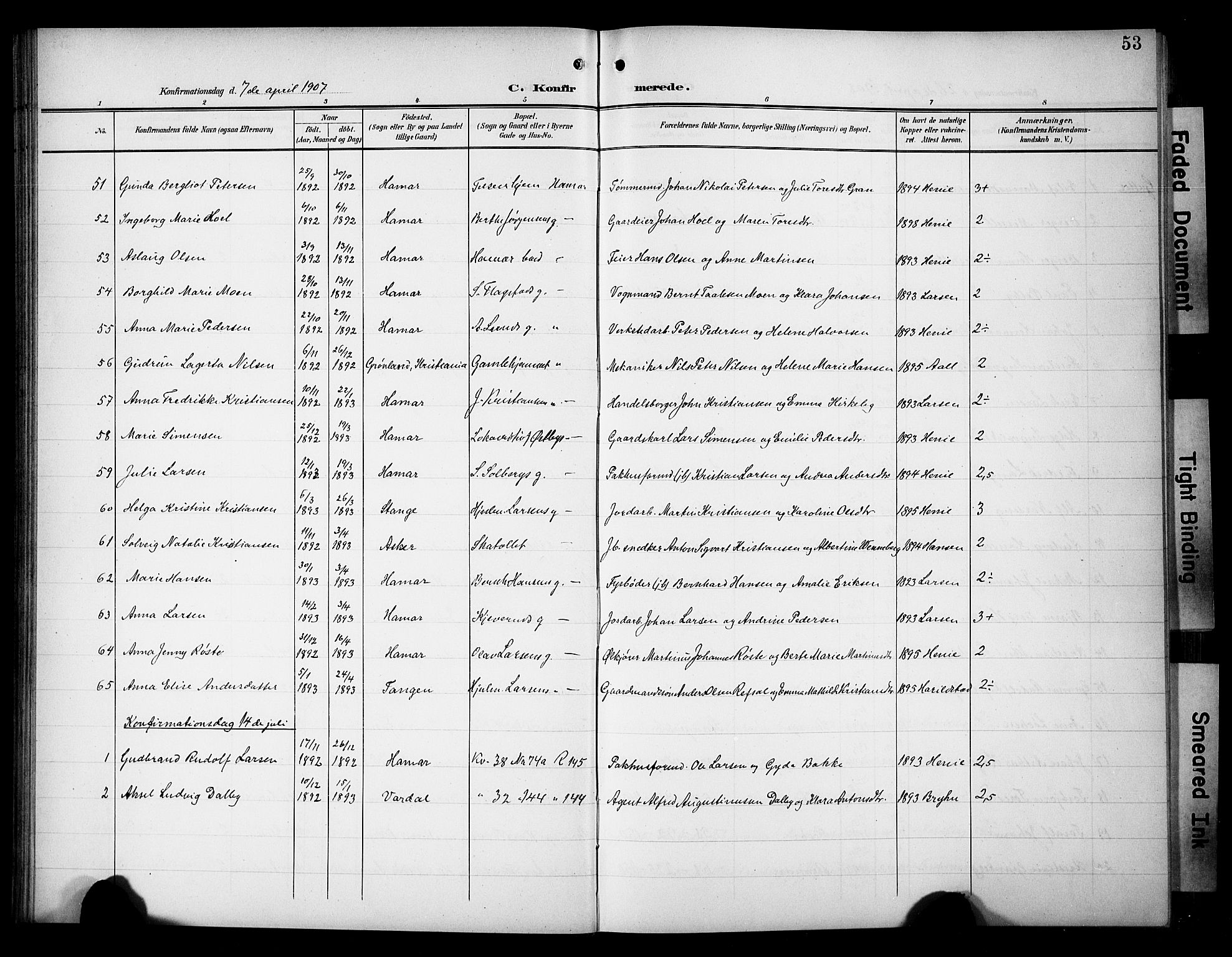Hamar prestekontor, SAH/DOMPH-002/H/Ha/Hab/L0002: Parish register (copy) no. 2, 1899-1929, p. 53
