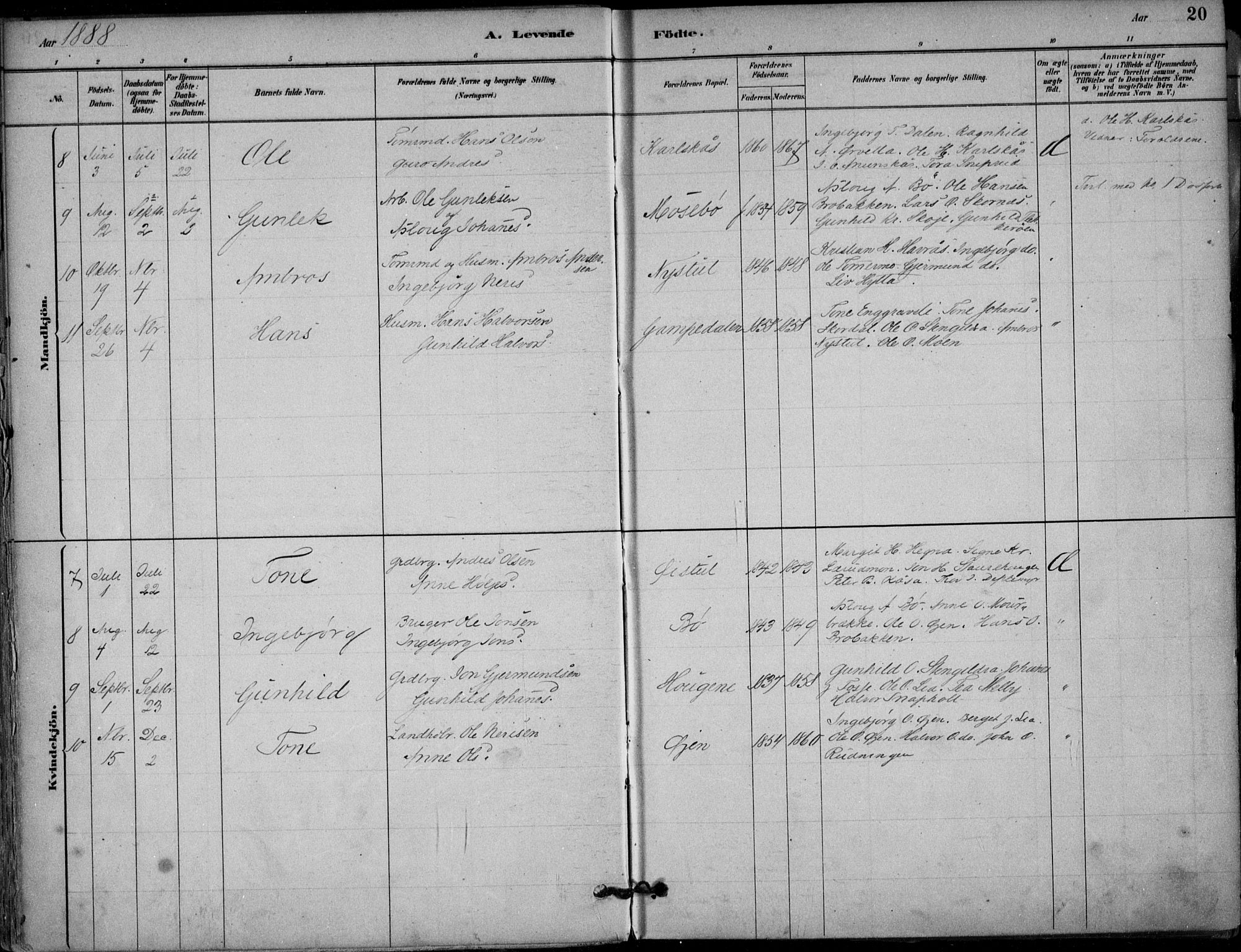 Hjartdal kirkebøker, SAKO/A-270/F/Fb/L0002: Parish register (official) no. II 2, 1880-1932, p. 20