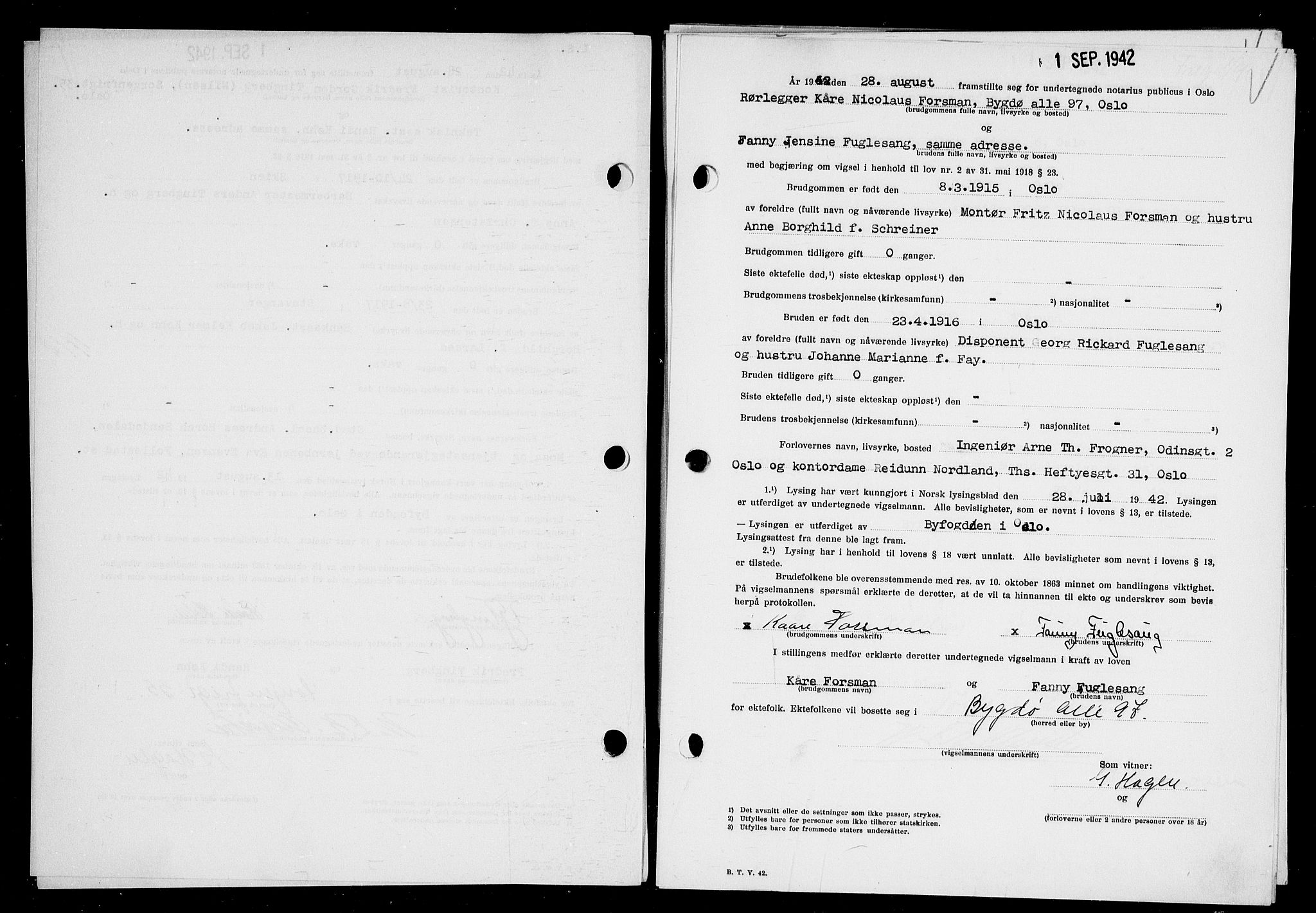 Oslo byfogd avd. I, AV/SAO-A-10220/L/Lb/Lbb/L0041: Notarialprotokoll, rekke II: Vigsler, 1942
