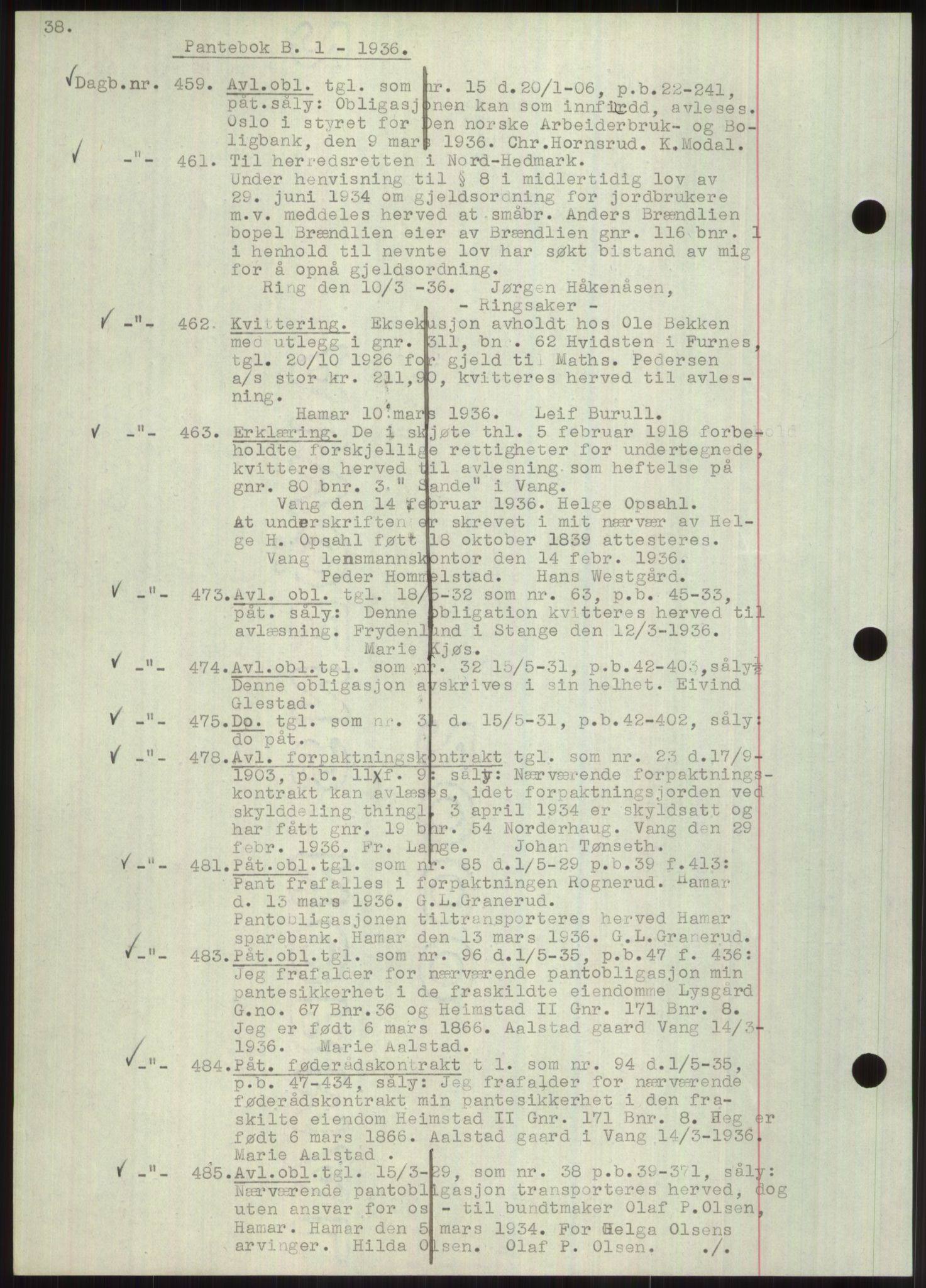 Nord-Hedmark sorenskriveri, SAH/TING-012/H/Hb/Hbf/L0001: Mortgage book no. B1, 1936-1936, Diary no: : 459/1936