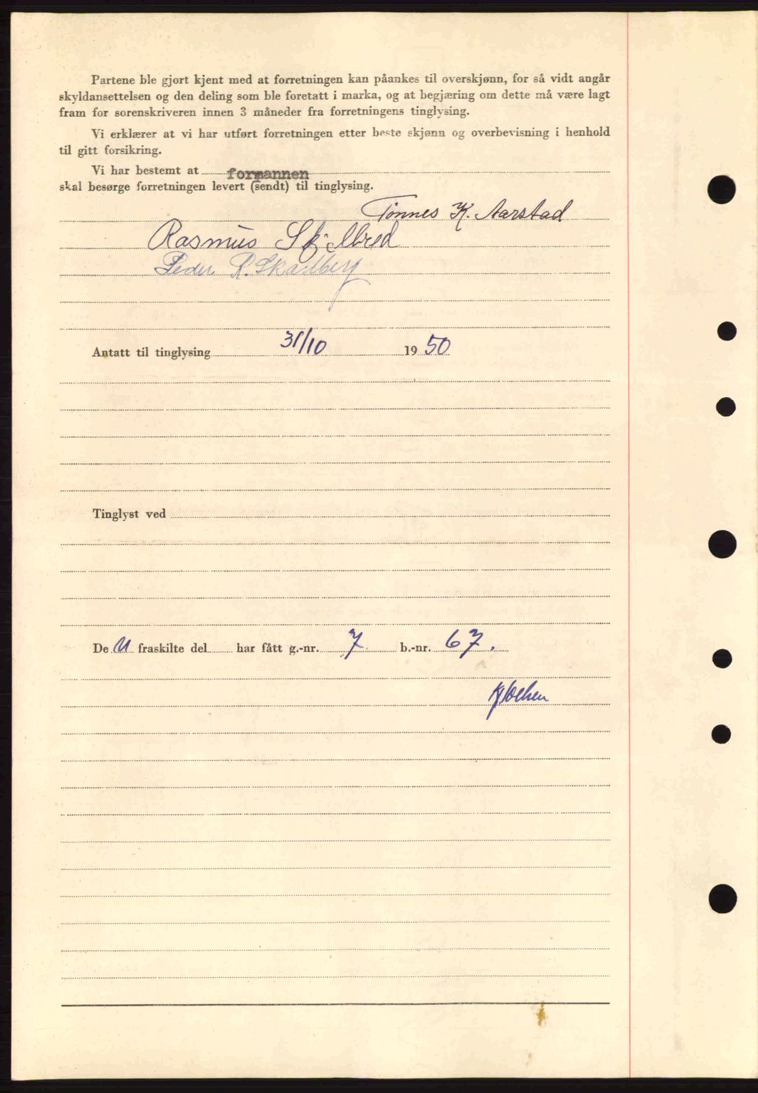 Dalane sorenskriveri, SAST/A-100309/02/G/Gb/L0055: Mortgage book no. A15, 1950-1950, Diary no: : 1073/1950