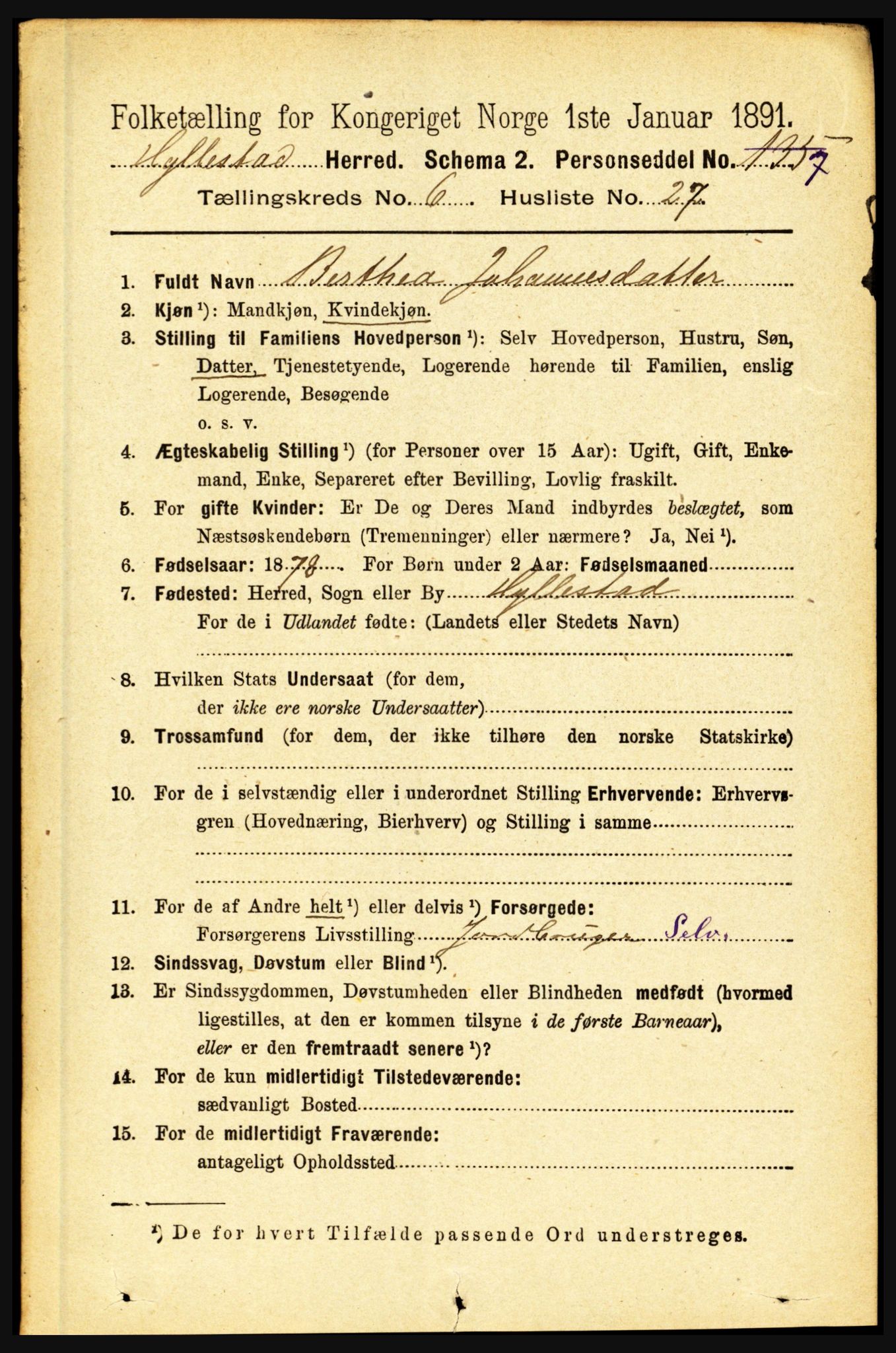 RA, 1891 census for 1413 Hyllestad, 1891, p. 1154