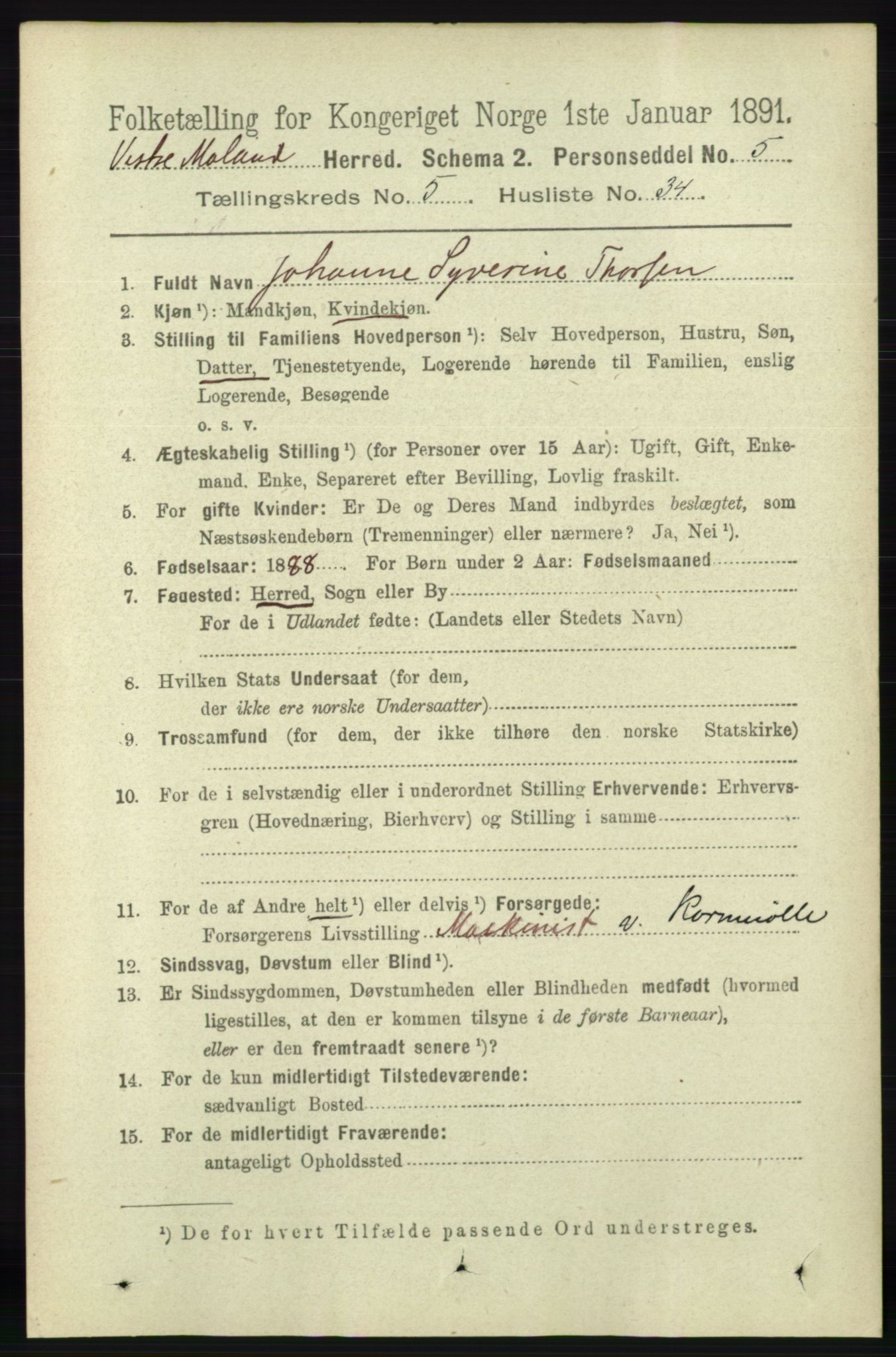 RA, 1891 census for 0926 Vestre Moland, 1891, p. 2014